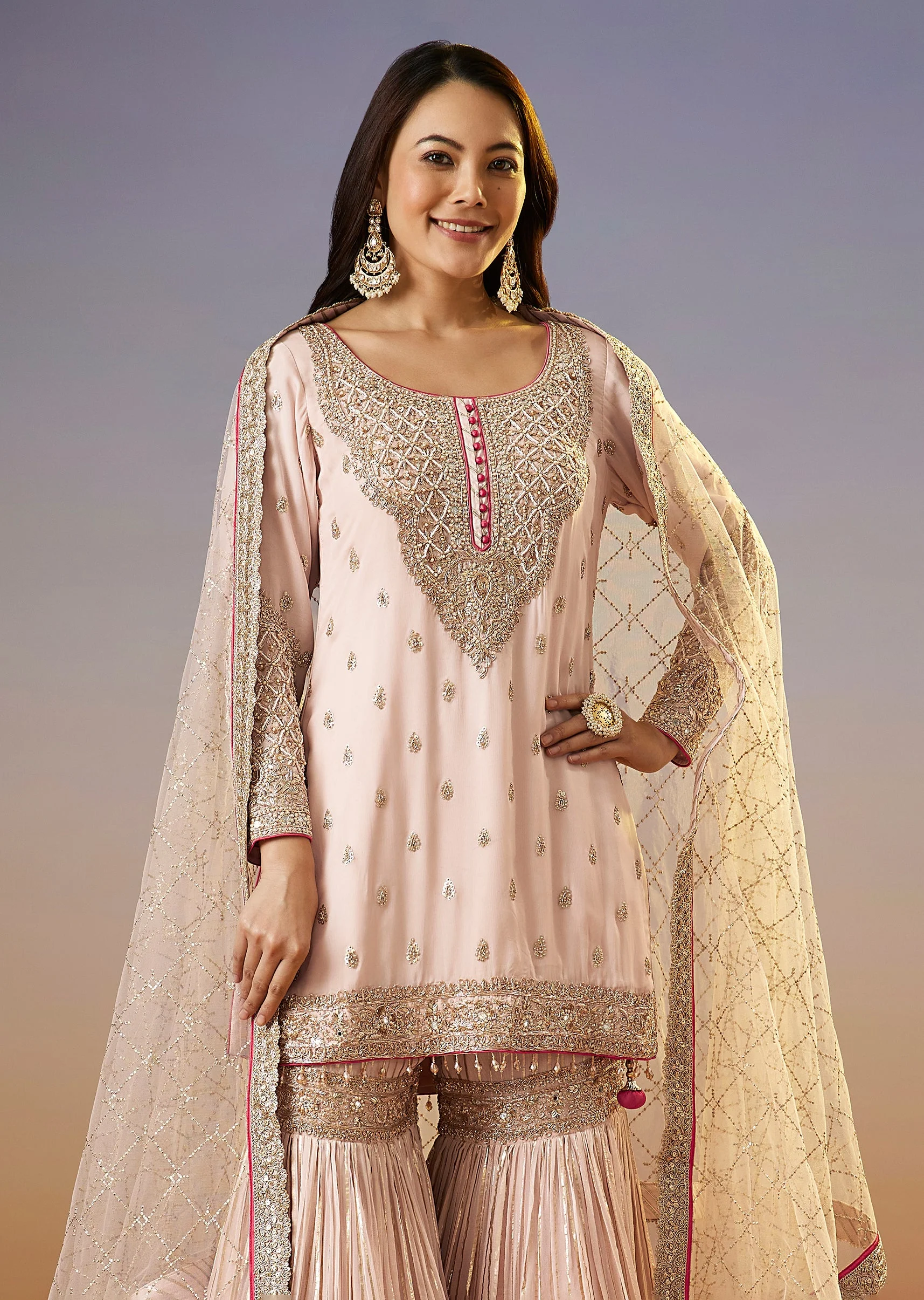 Baby Pink Zardosi Sharara Suit With Dupatta - Image 4