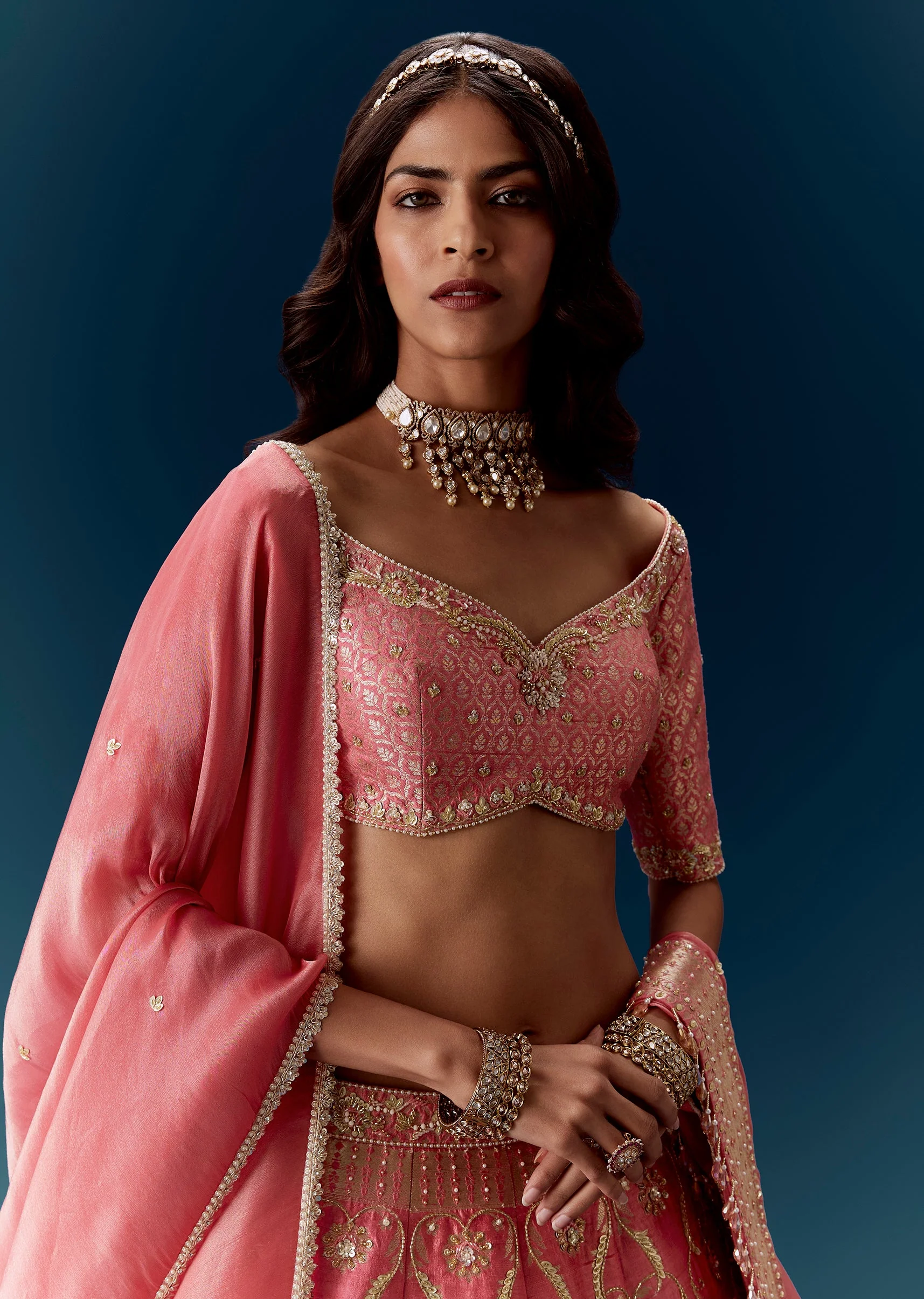 Banarasi Embroidered Bridal Lehenga in Pink With Dupatta - Image 3