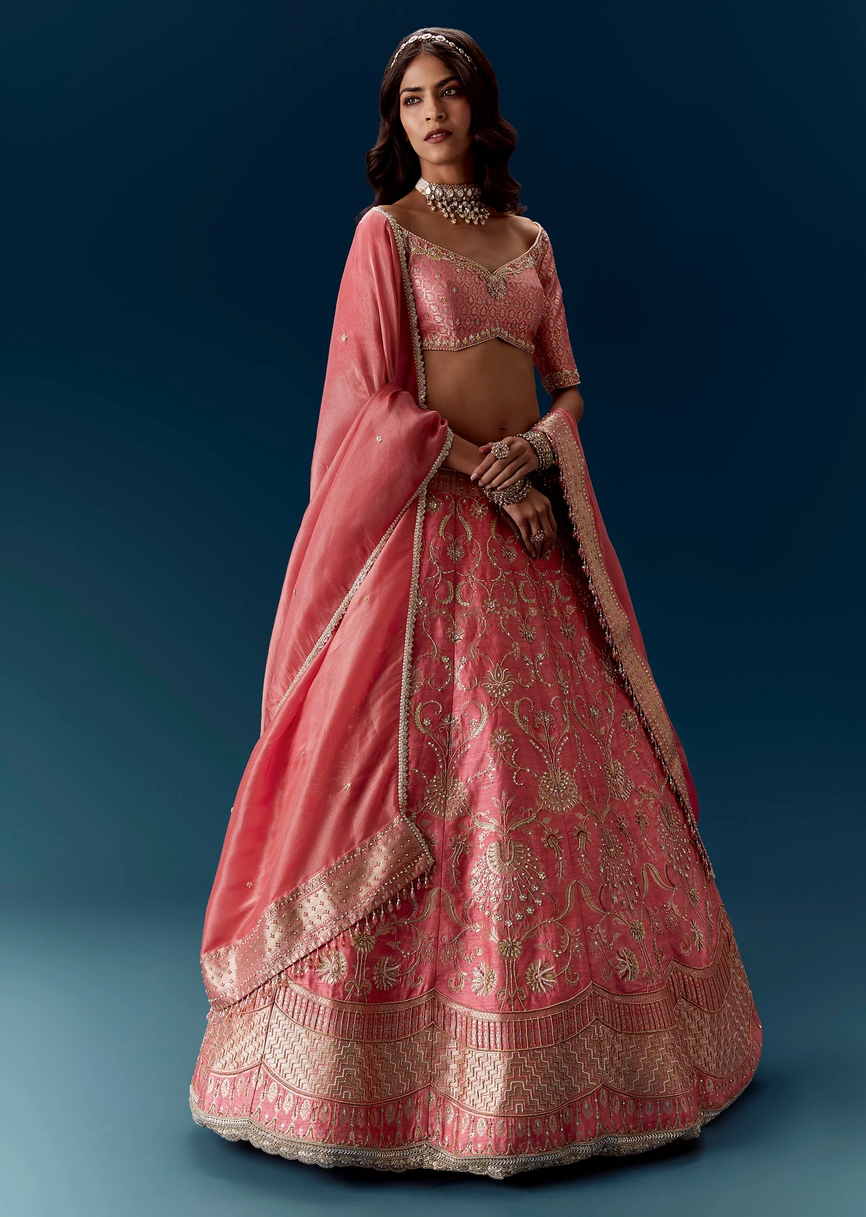 Banarasi Embroidered Bridal Lehenga in Pink With Dupatta - Image 4