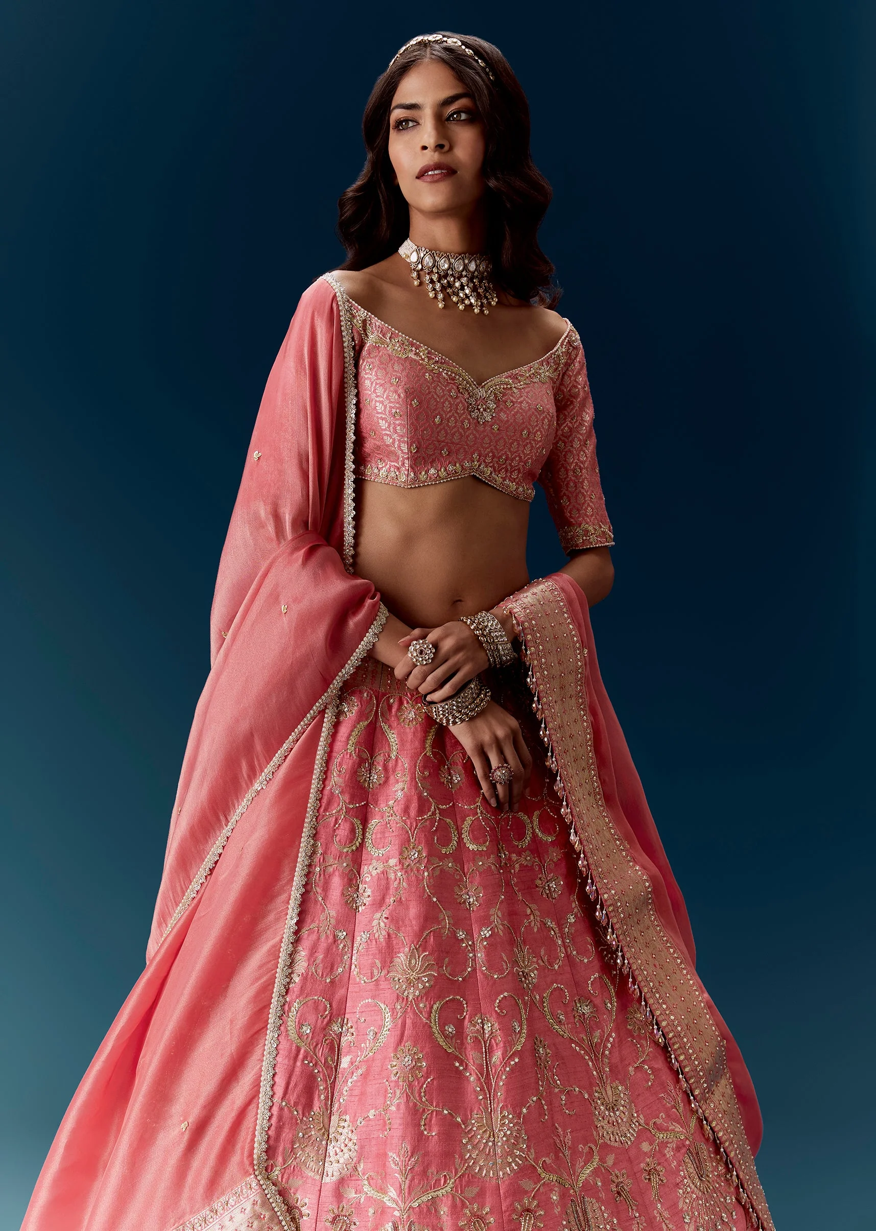 Banarasi Embroidered Bridal Lehenga in Pink With Dupatta - Image 5