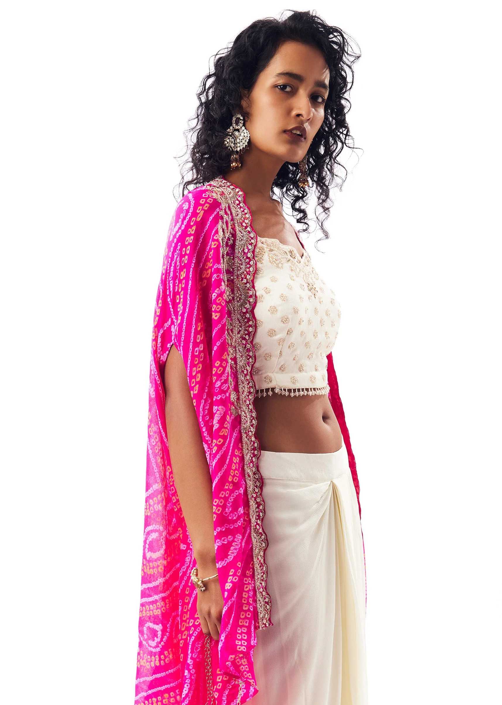 Bandhani Cape Set With Embellished Crop Top And Flared Skirt - Image 3