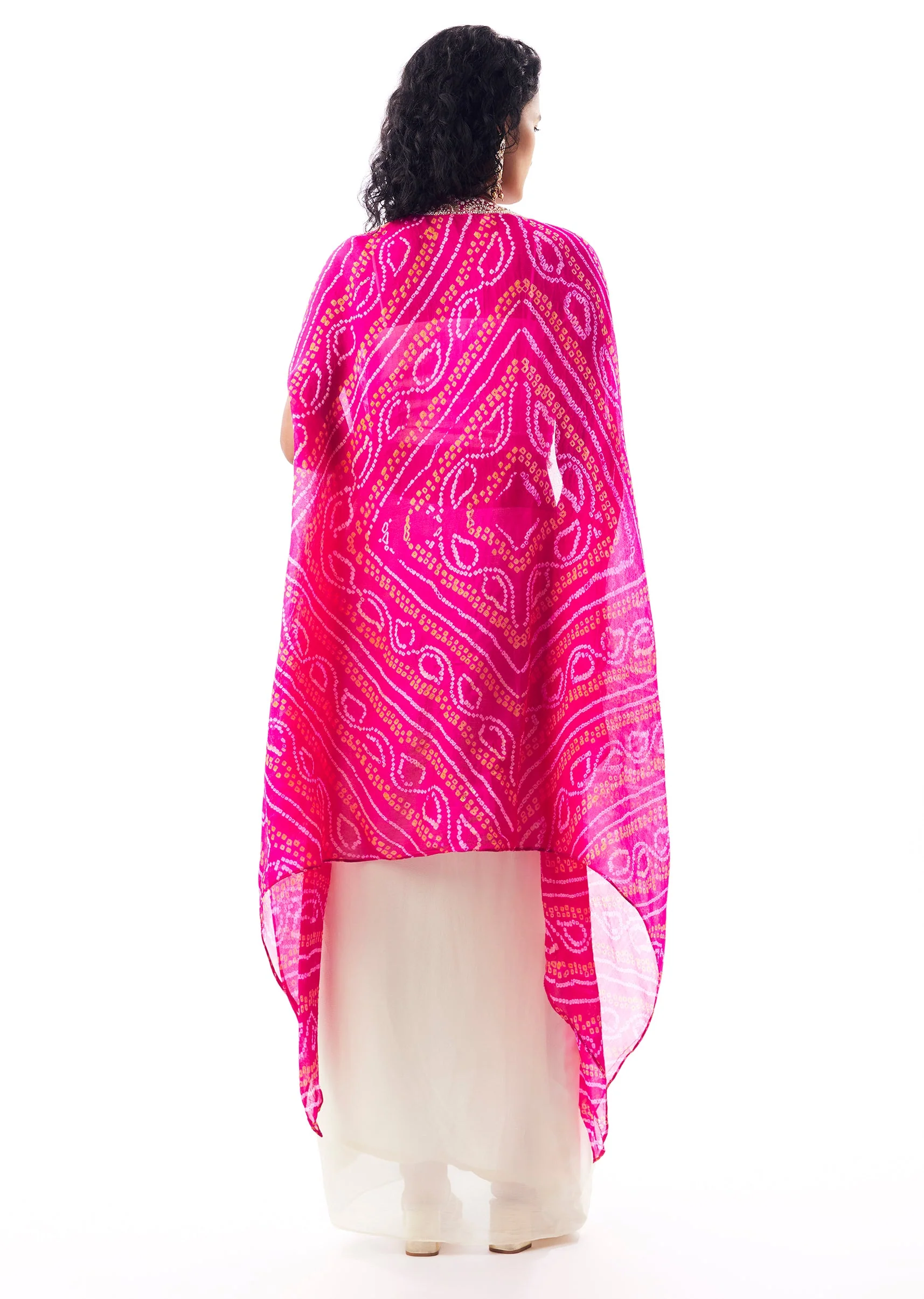 Bandhani Cape Set With Embellished Crop Top And Flared Skirt - Image 4