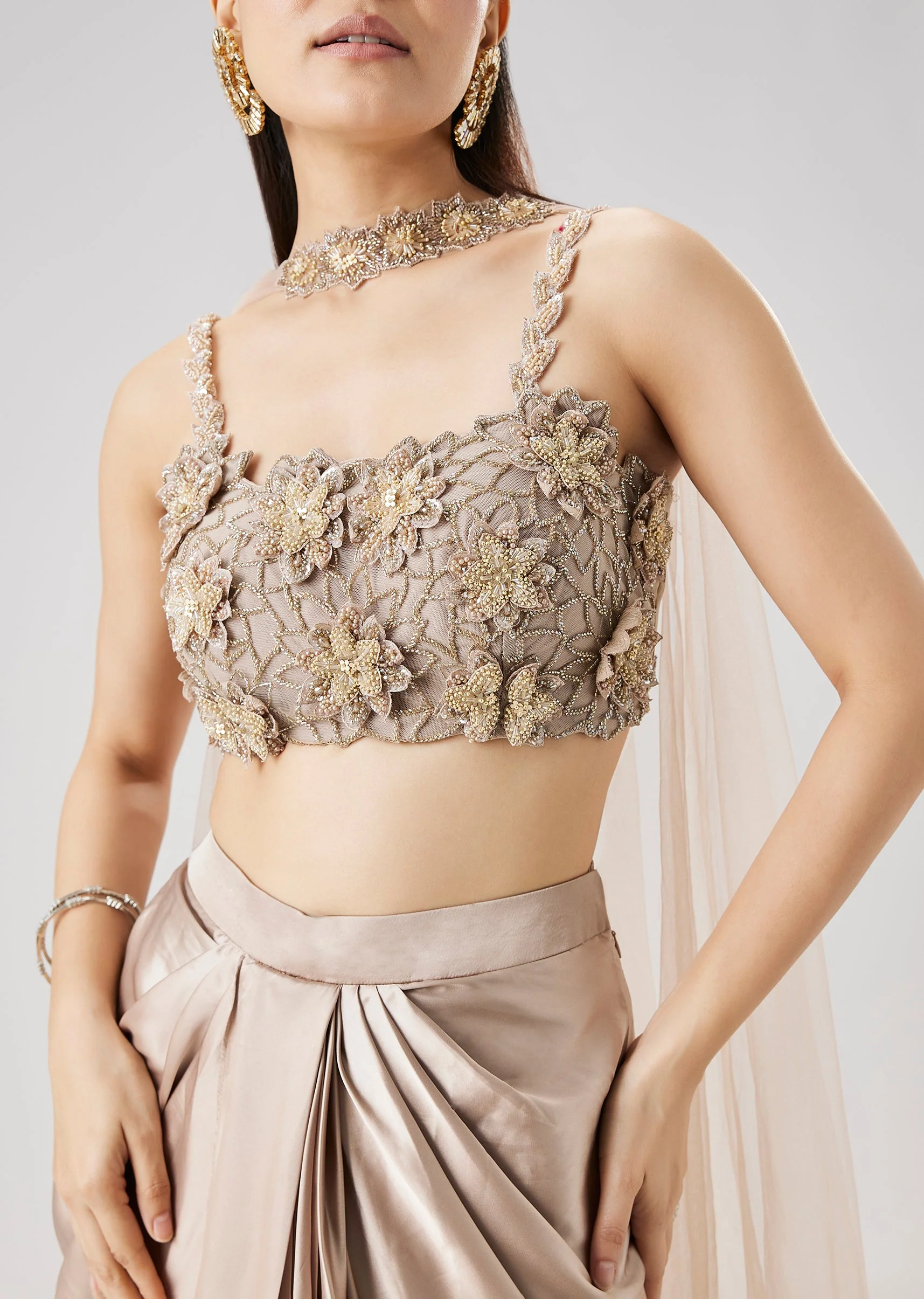 Beige 3D Floral Embellished Crop Top And Drape Skirt Set - Image 2