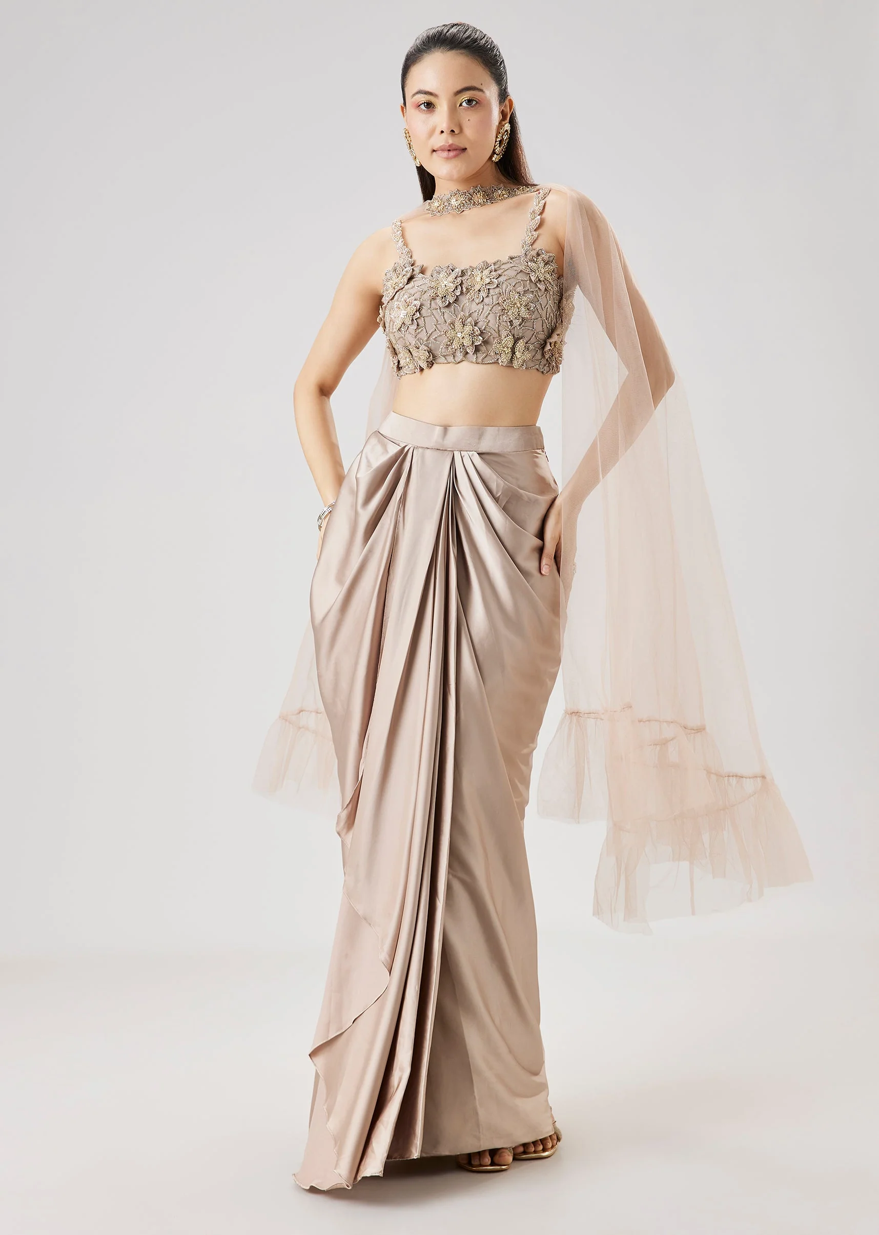 Beige 3D Floral Embellished Crop Top And Drape Skirt Set - Image 3