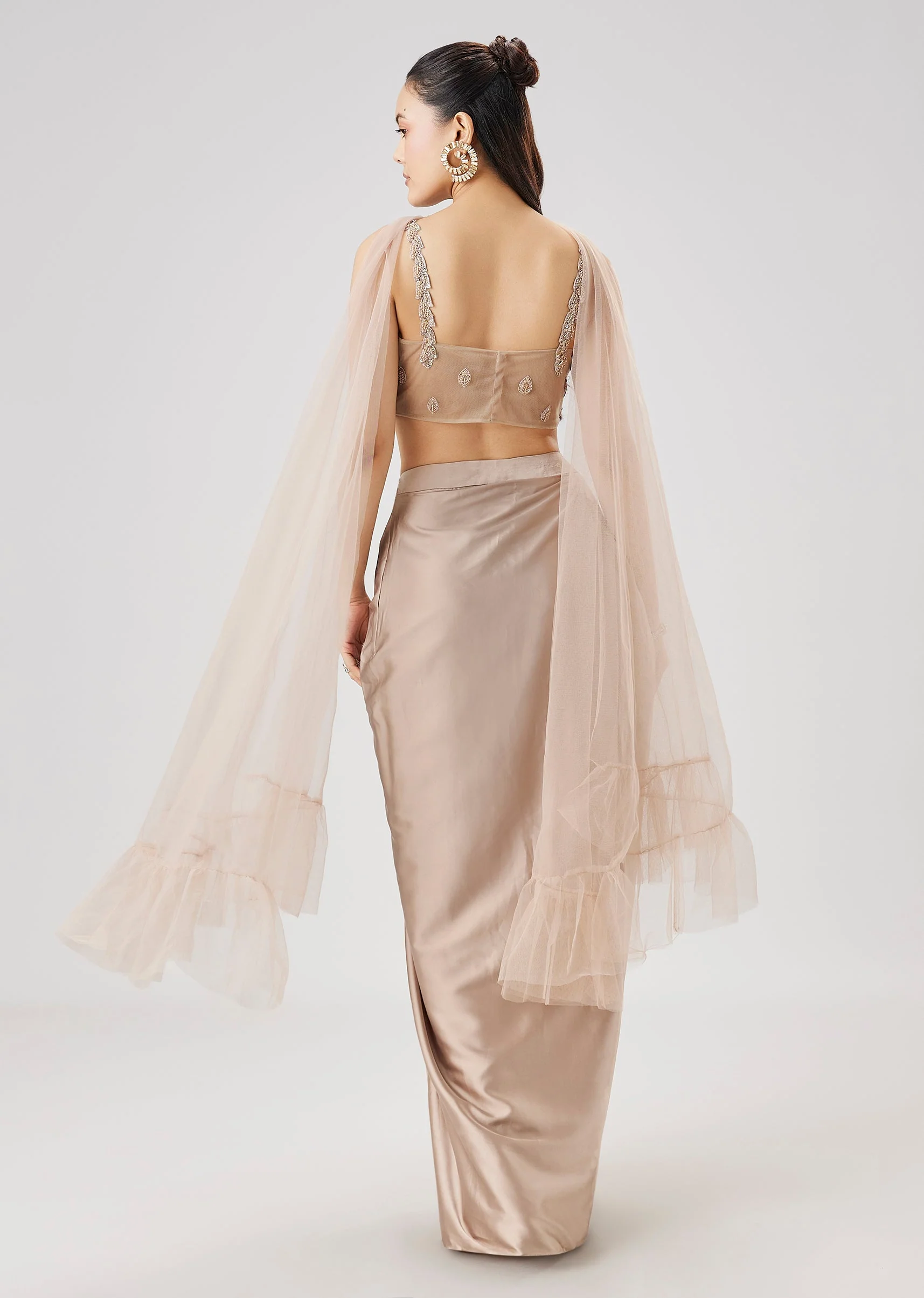 Beige 3D Floral Embellished Crop Top And Drape Skirt Set - Image 5