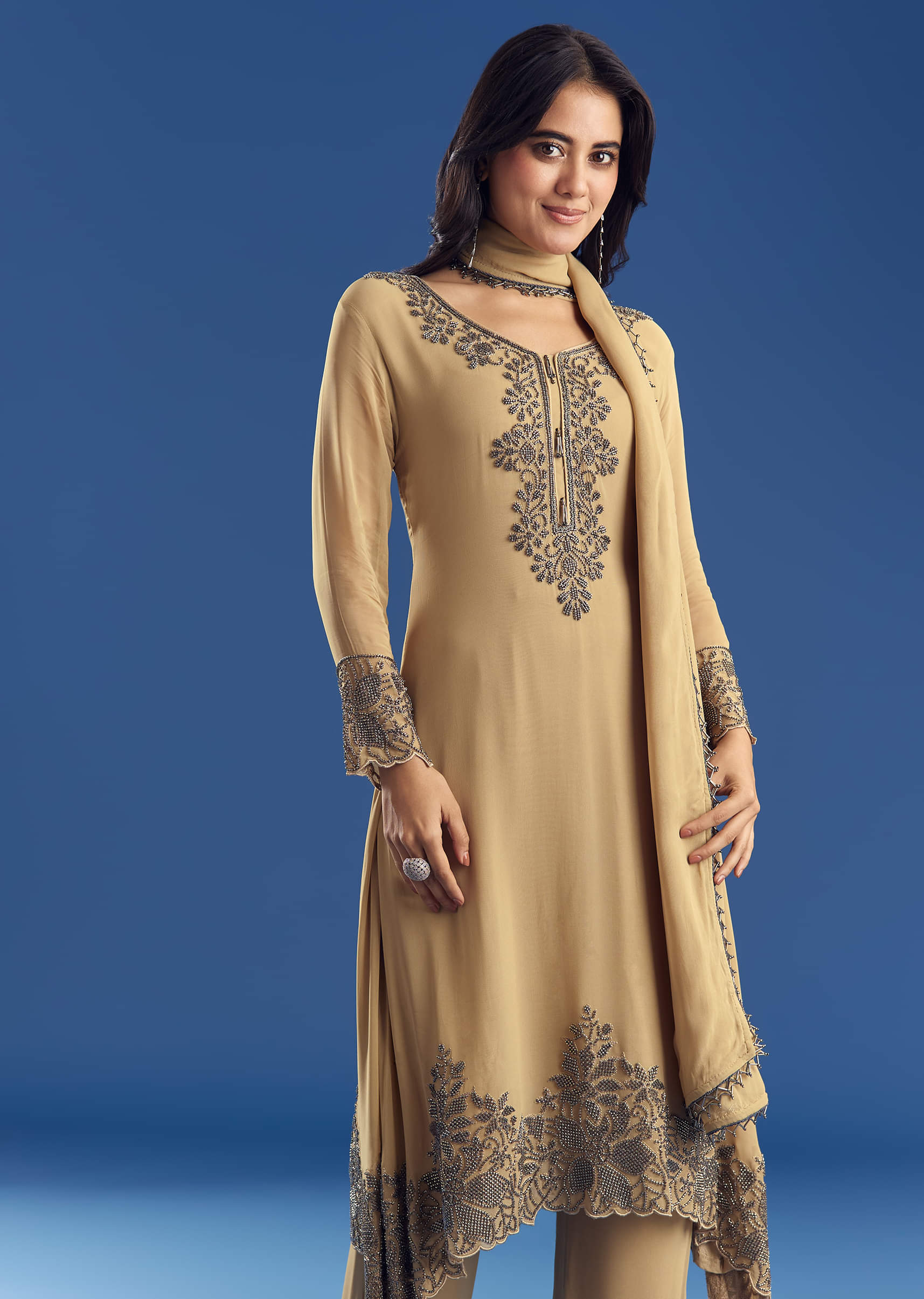 Beige Asymmetrical Georgette Beaded Kurta Pant Set With Dupatta - Image 2