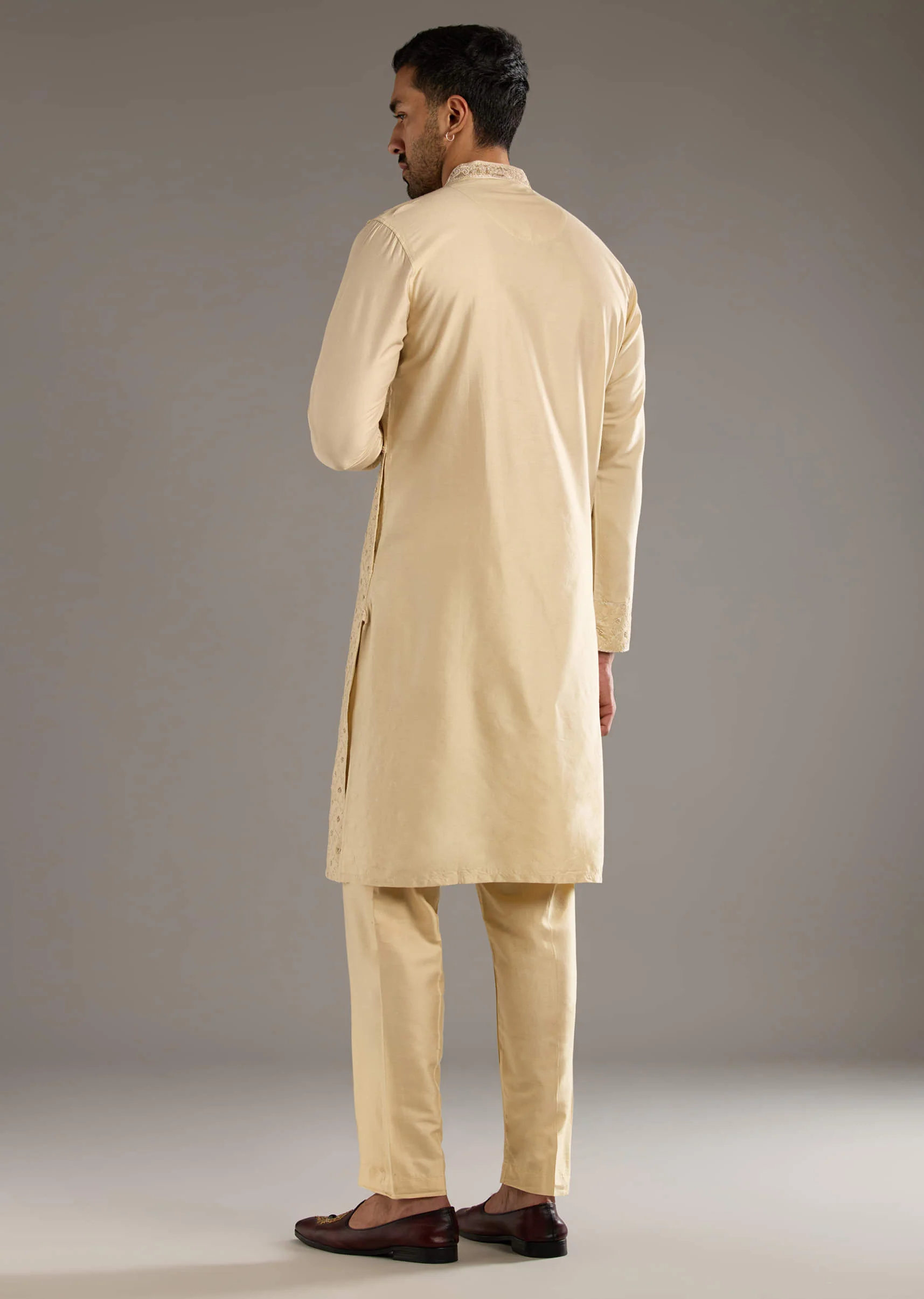 Beige Banarasi Silk Kurta Set For Men With Pure Hand Embroidery - Image 5