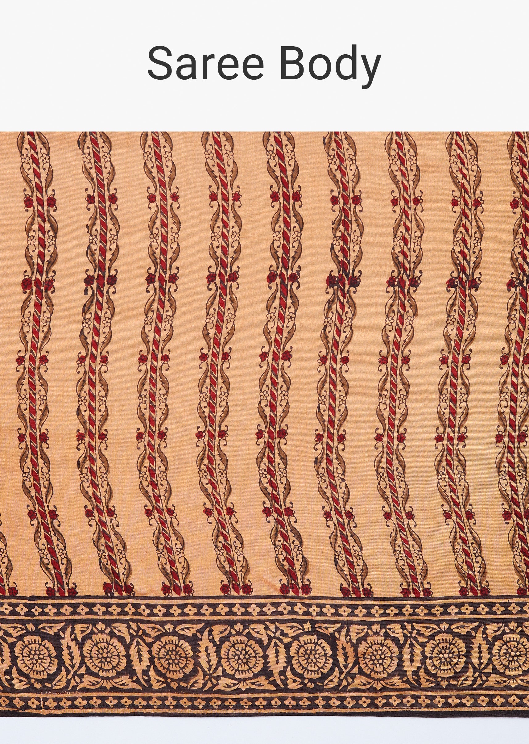 Beige Block Print Saree with Unstitched Blouse - Image 9