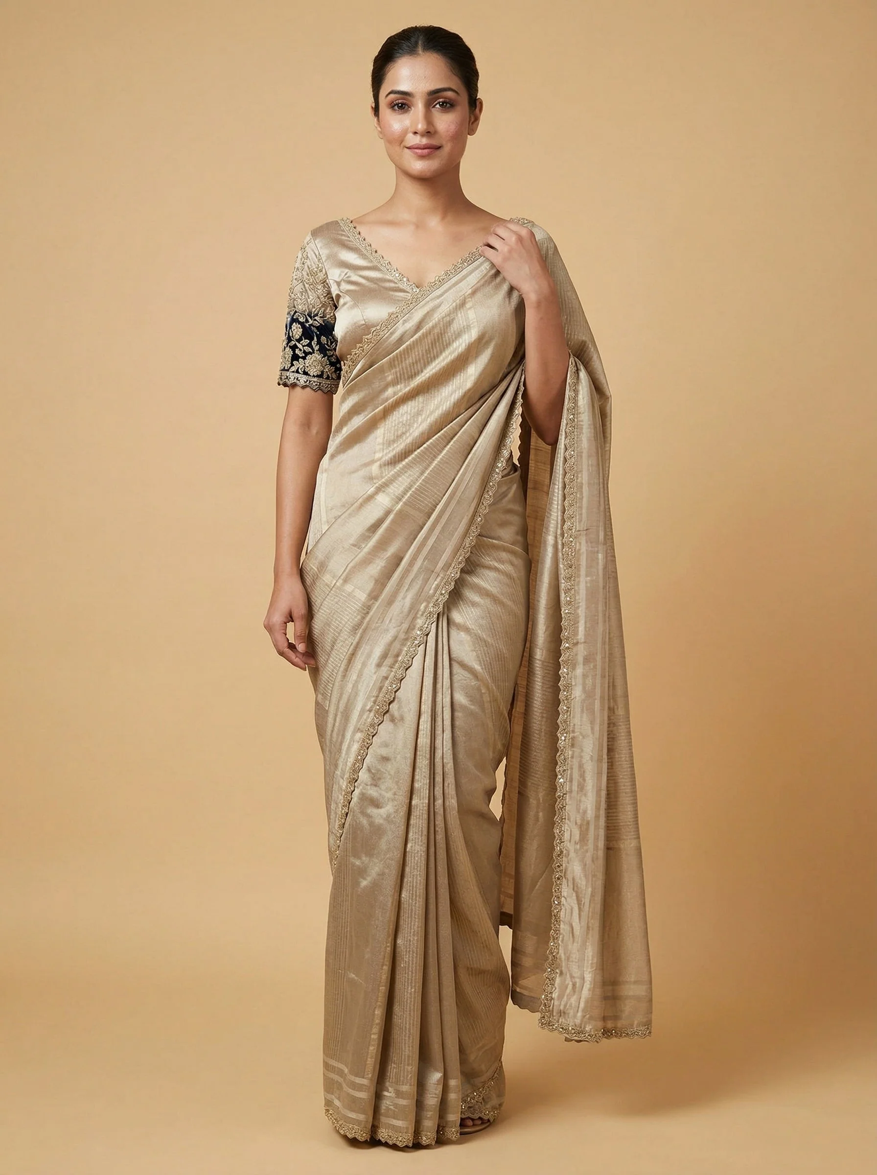 Beige Blue Embroidered Saree