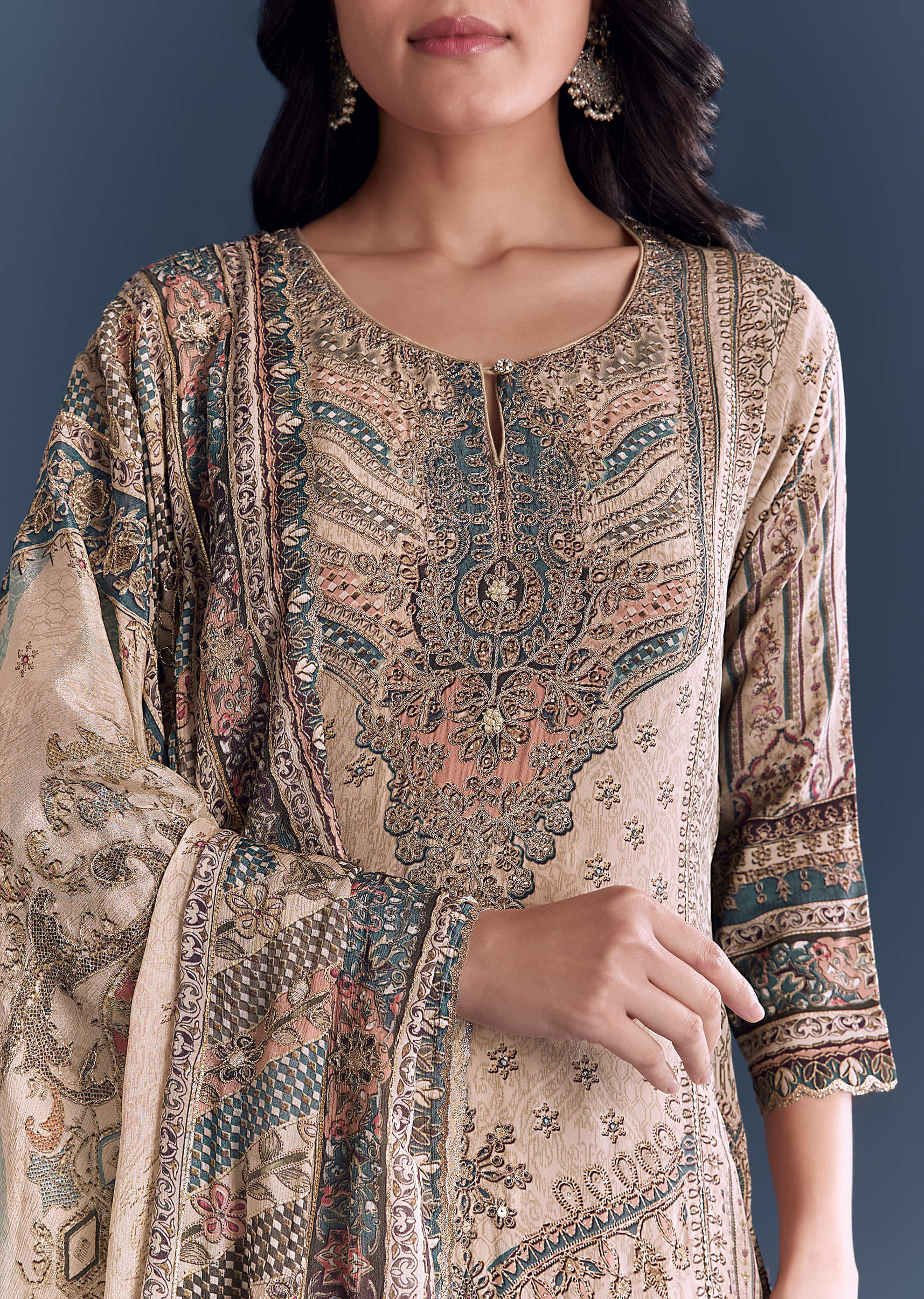 Beige Blue Ombre Crepe Kurta Set With Indie Print And Zari Work - Image 2