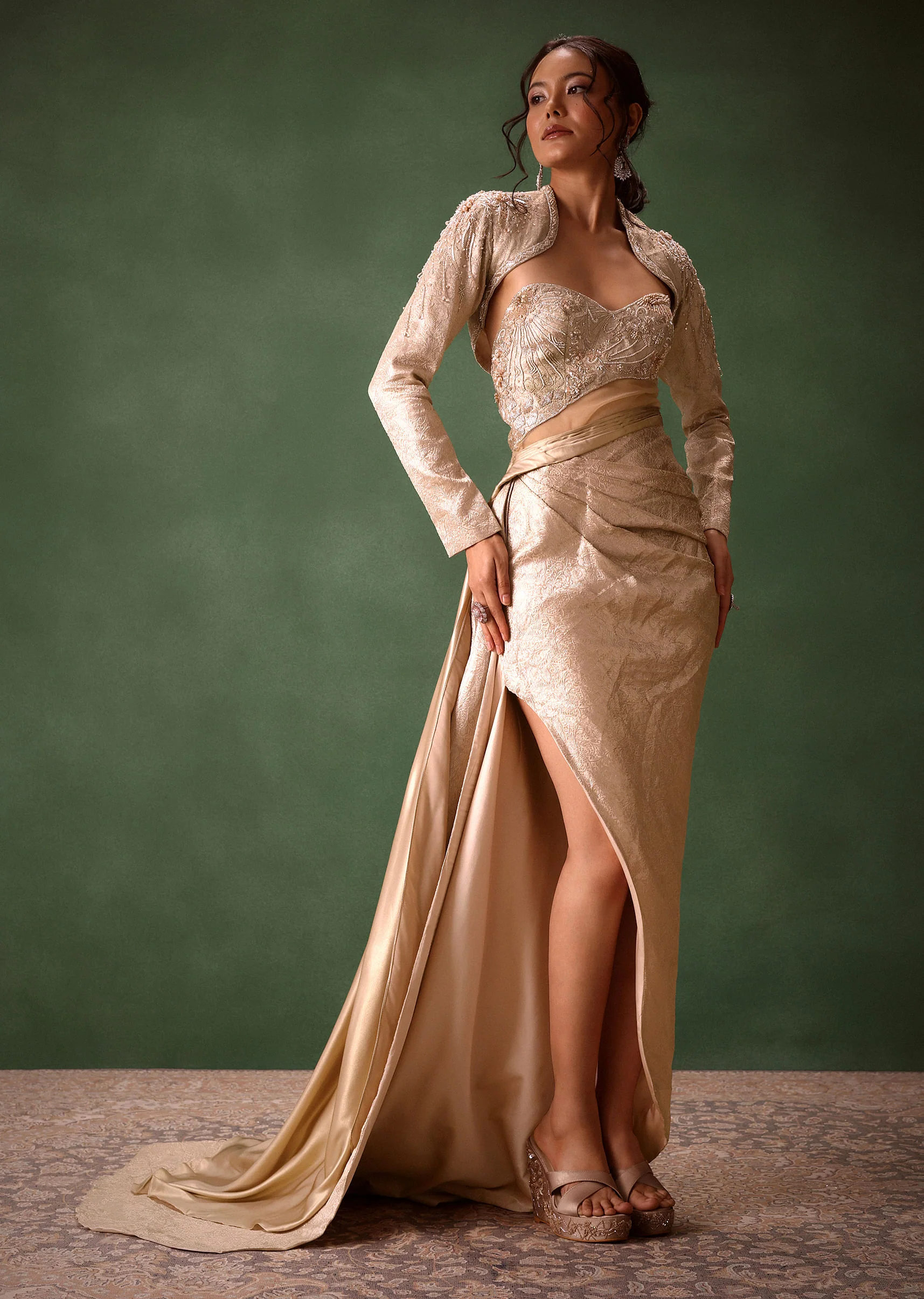 Beige Brocade Gown with Crop Jacket - Image 3