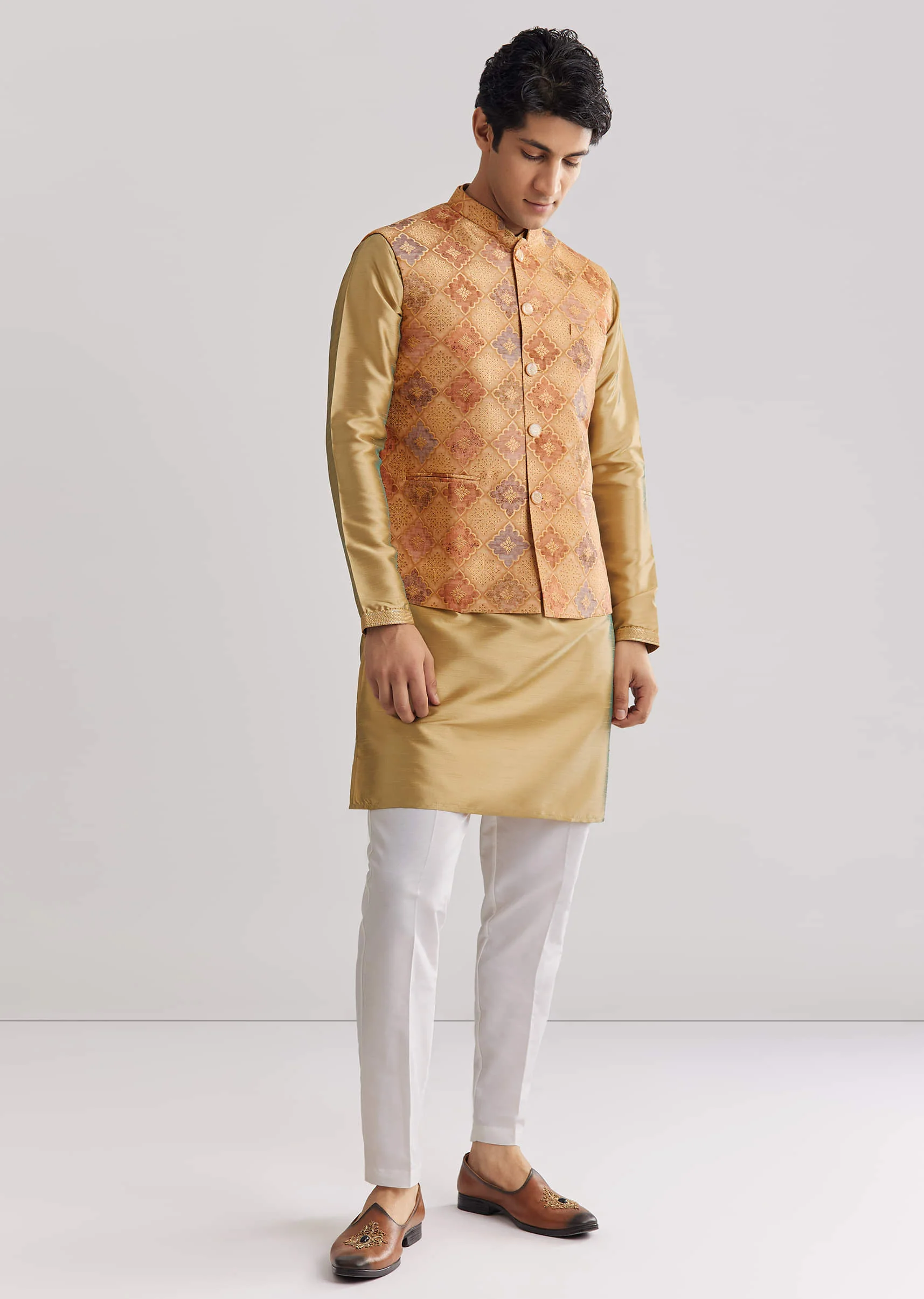 Beige Brocade Jacket Kurta Set - Image 4