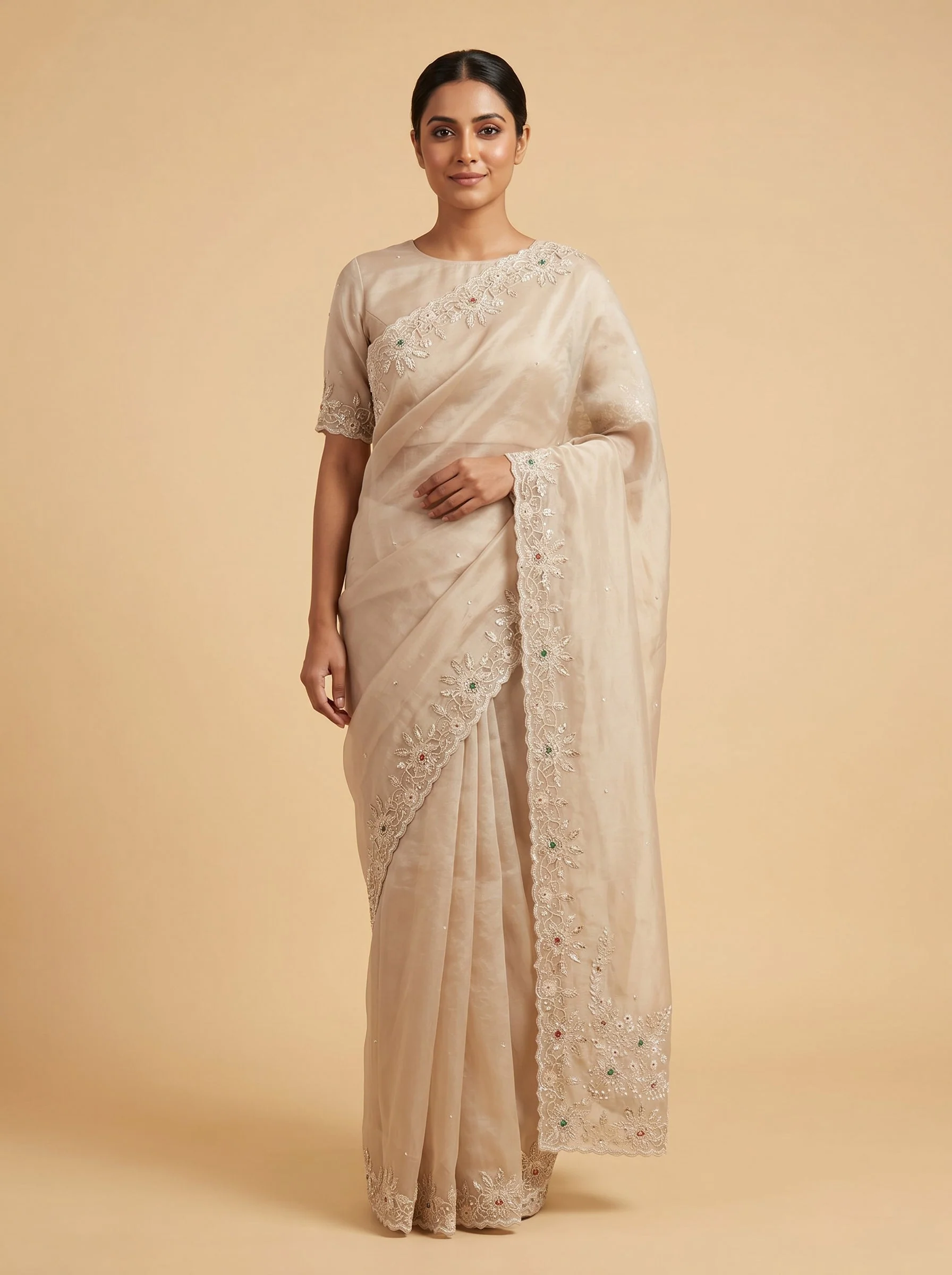 Beige Calm Finish Embroidered Saree