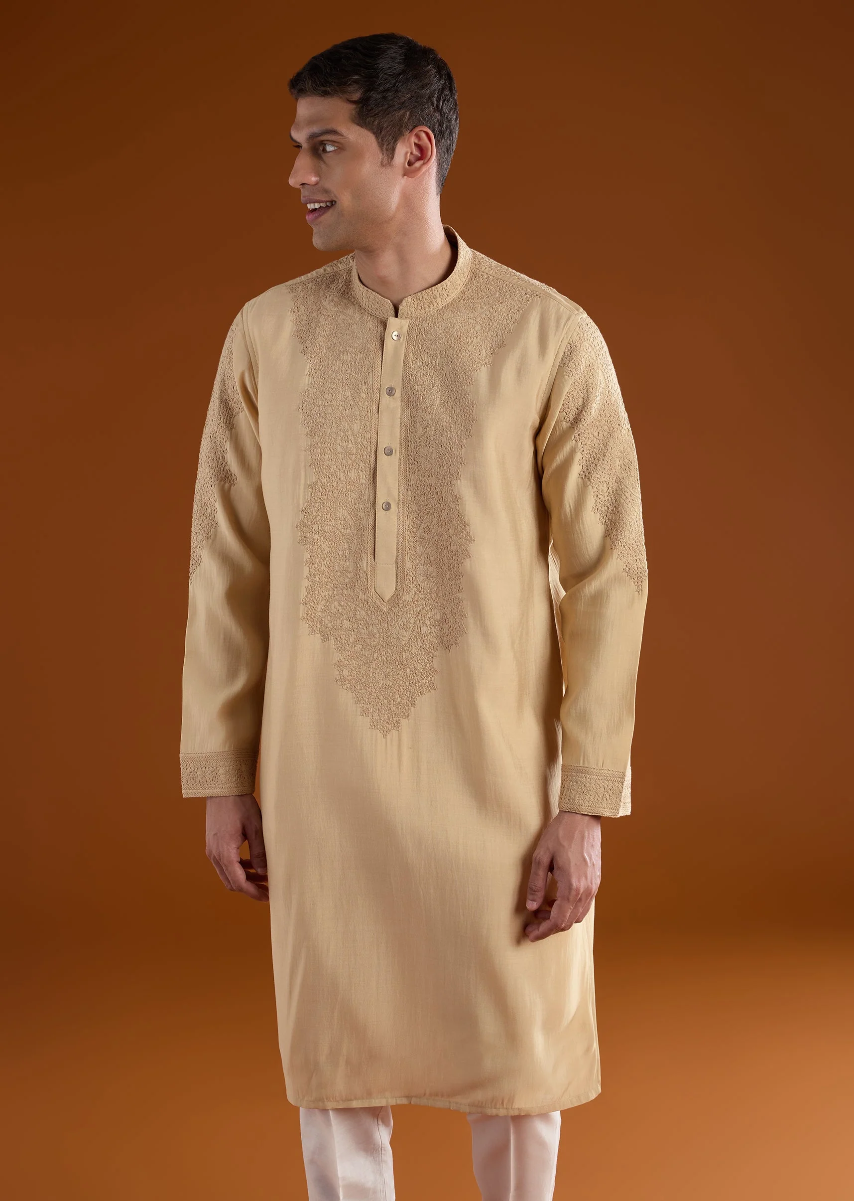Beige Chanderi Silk Embroidered Kurta Set - Image 3