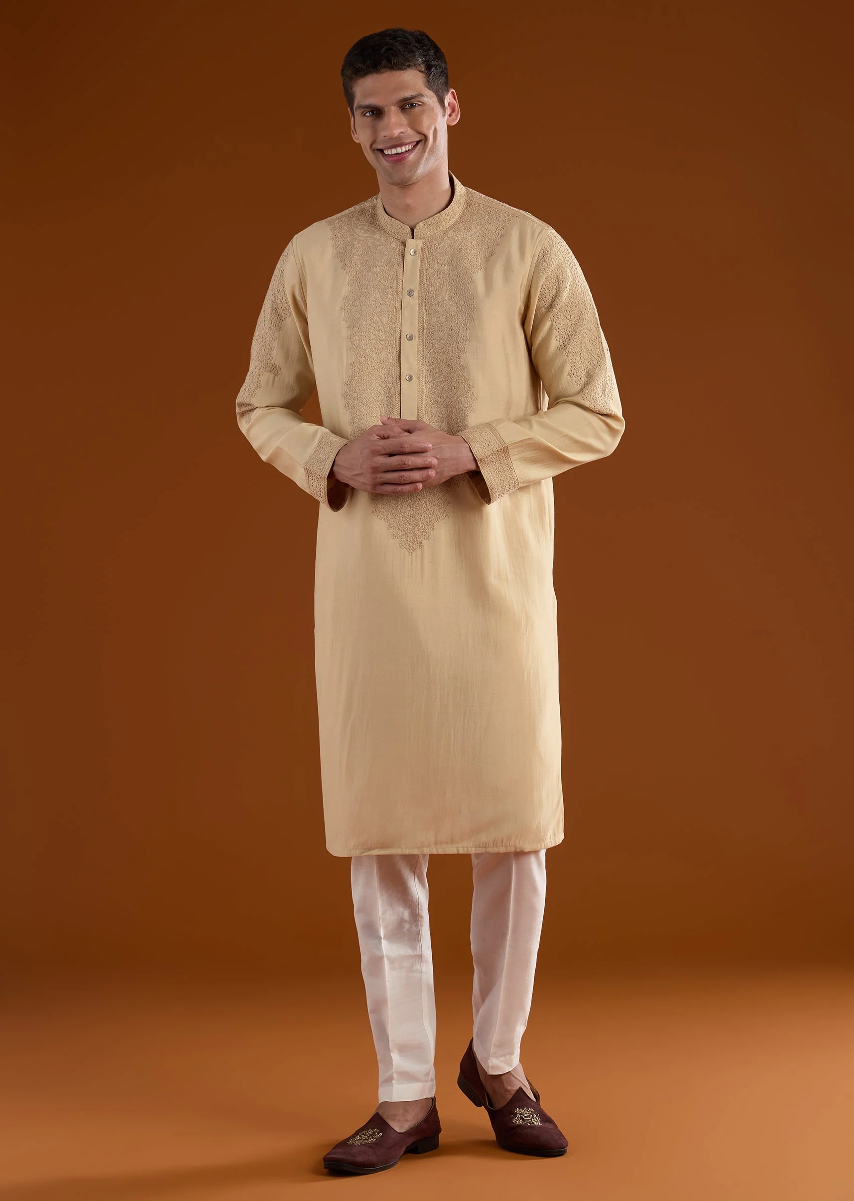 Beige Chanderi Silk Embroidered Kurta Set - Image 4