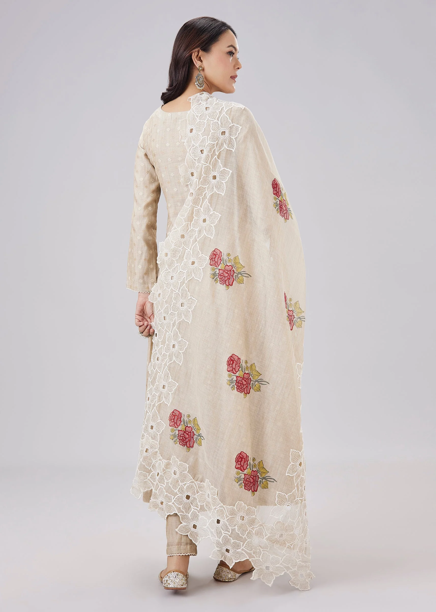 Beige Chanderi Woven Anarkali Set With Cutwork Dupatta - Image 5