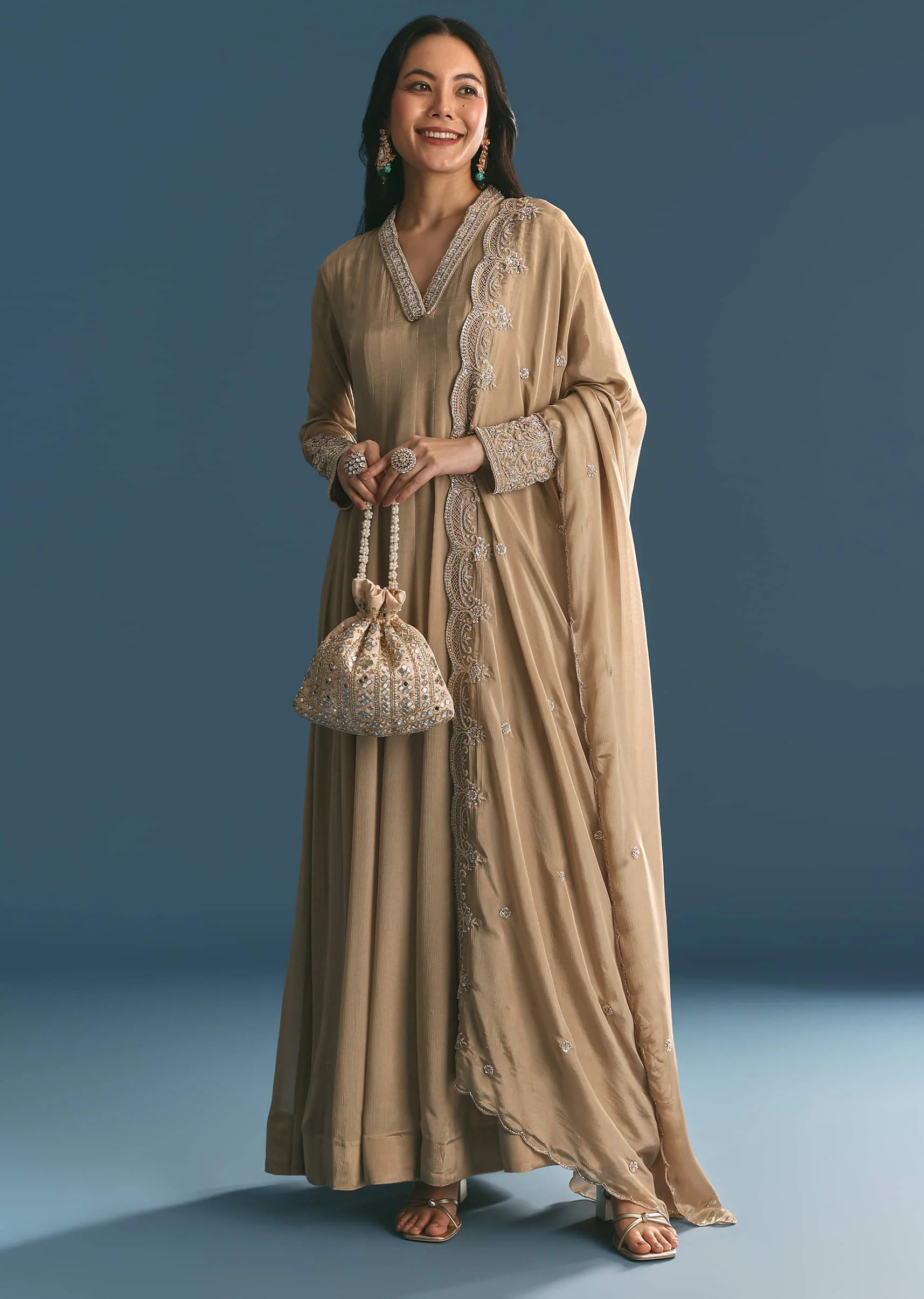 Beige Chinon Zardosi Work Anarkali Suit With Embroidered Dupatta - Image 2