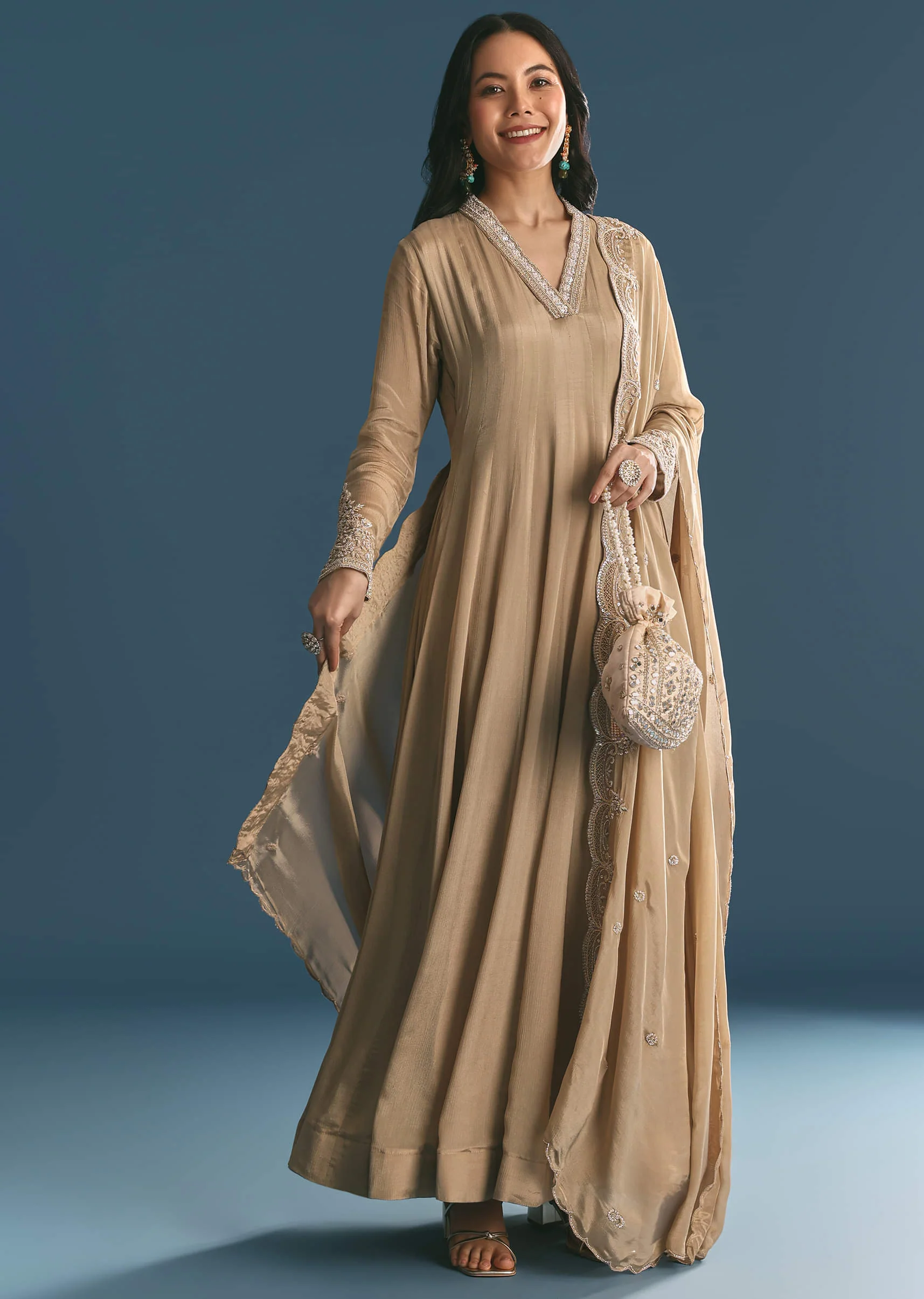 Beige Chinon Zardosi Work Anarkali Suit With Embroidered Dupatta - Image 3