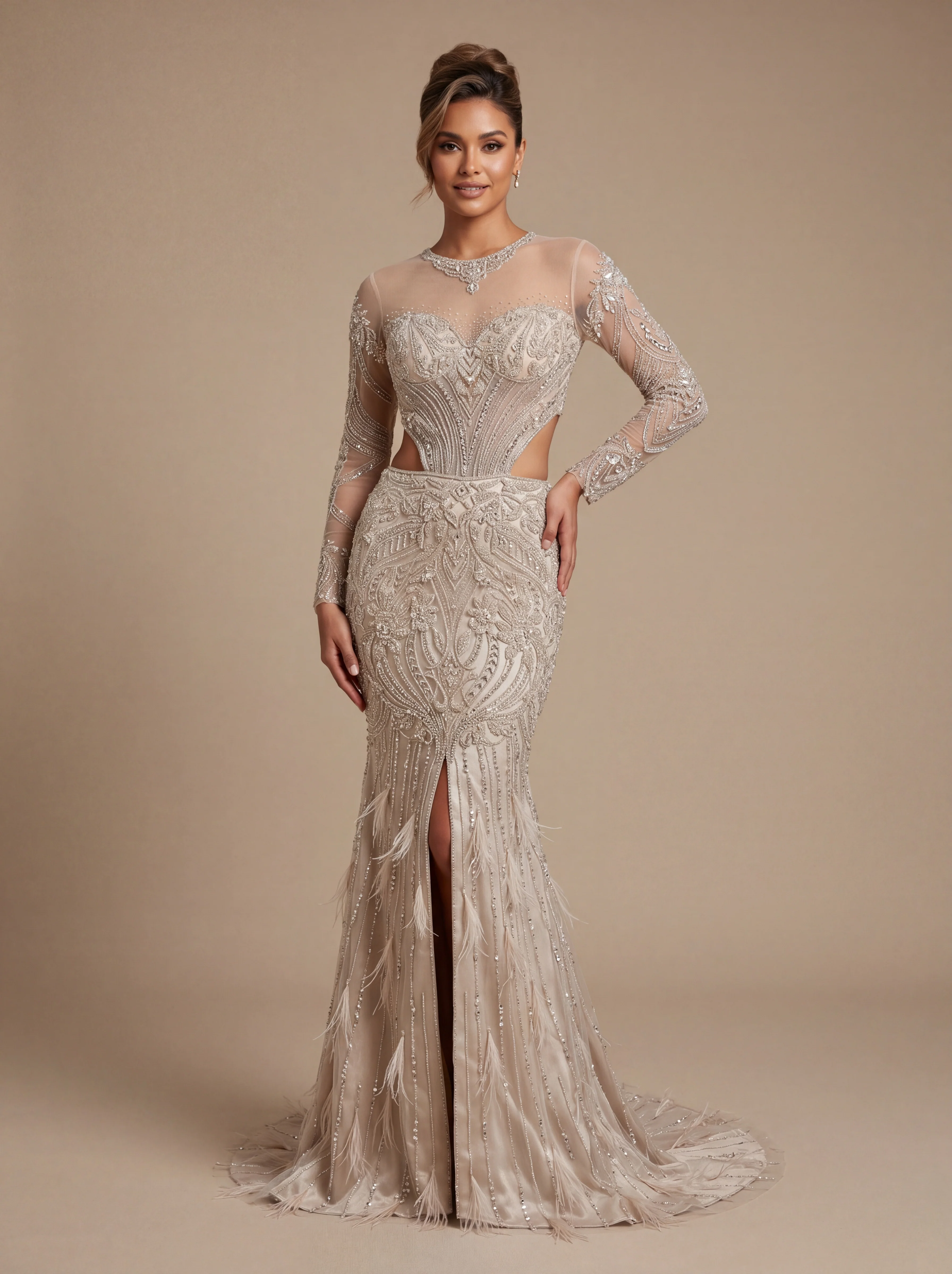 Beige Contemporary Bridal Gown With Handworked Crystal Mermaid Trail
