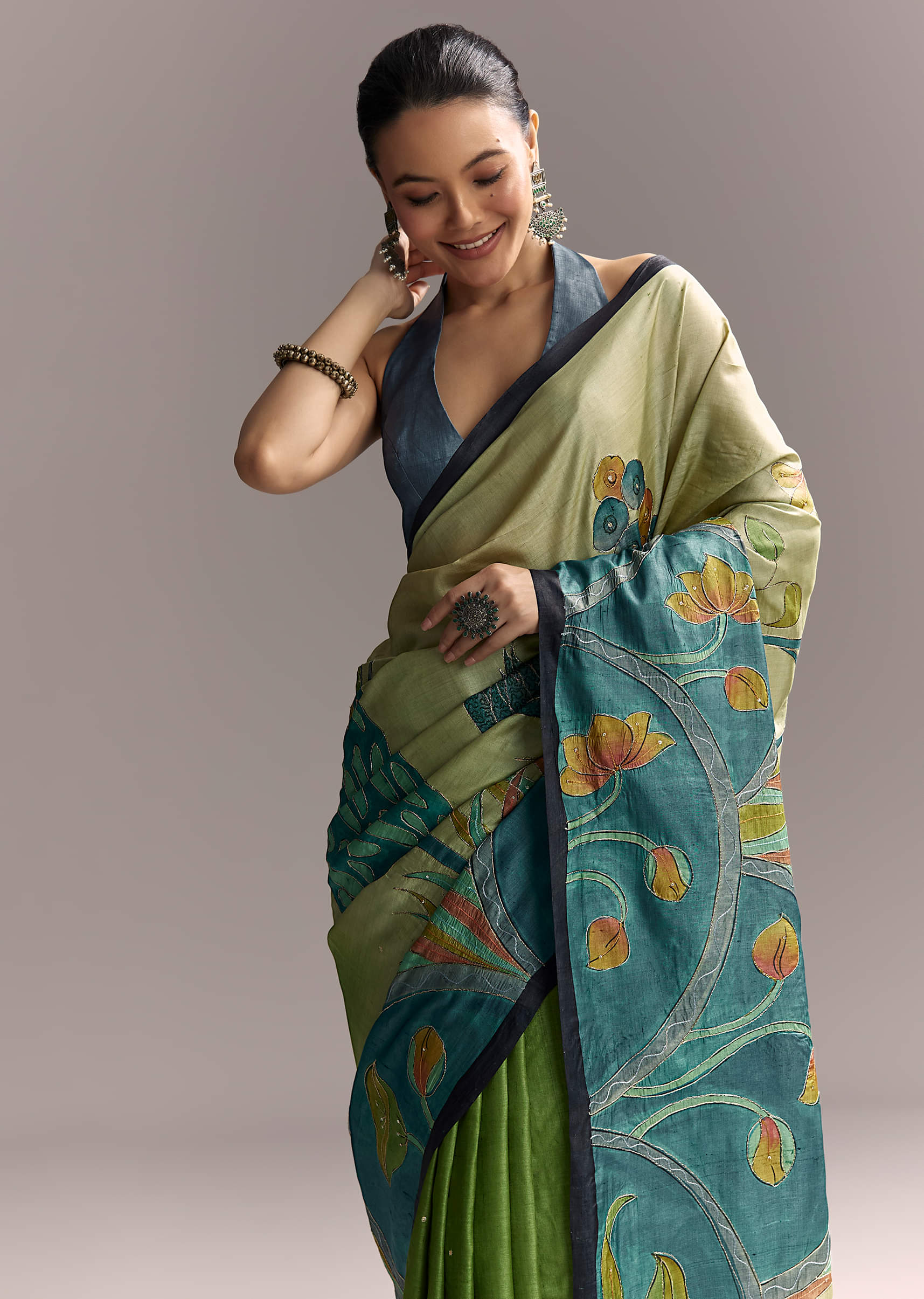 Beige Cotton Saree With Hand Painted Blue Motifs And Brown Border - Image 5