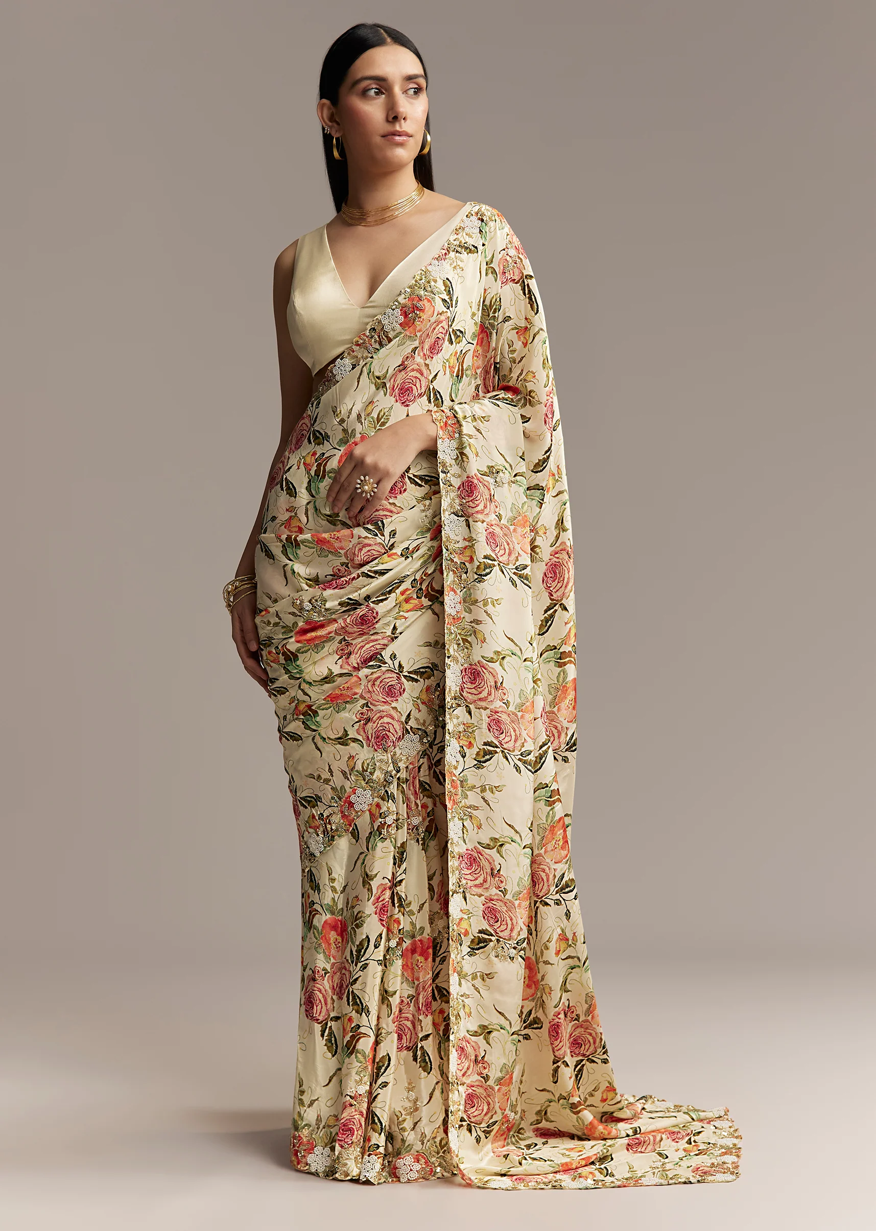 Beige Crepe Saree With Multicolor Floral Print And Moti Embroidery - Image 3
