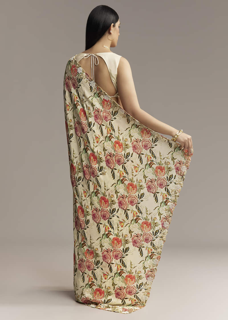 Beige Crepe Saree With Multicolor Floral Print And Moti Embroidery - Image 4