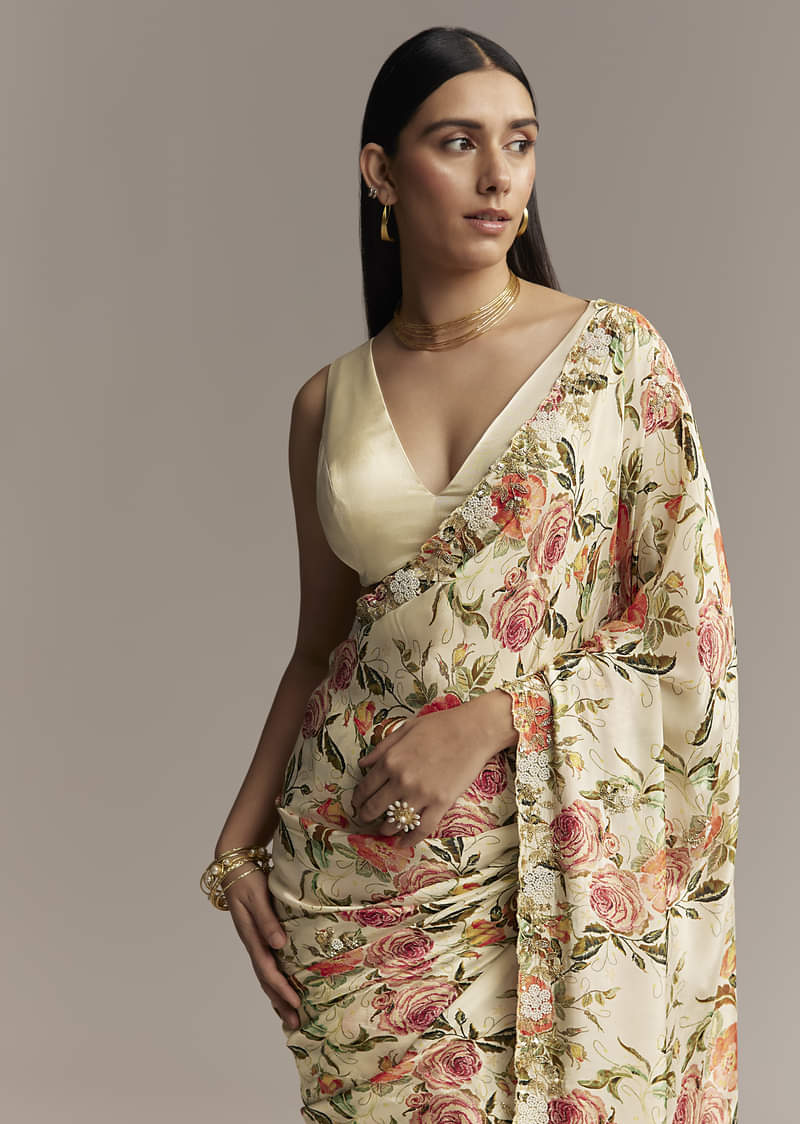 Beige Crepe Saree With Multicolor Floral Print And Moti Embroidery - Image 5