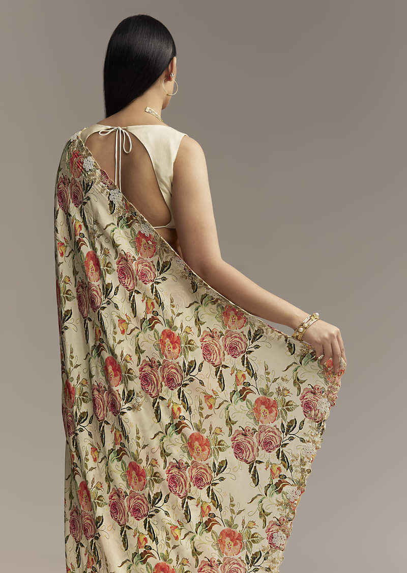 Beige Crepe Saree With Multicolor Floral Print And Moti Embroidery - Image 6
