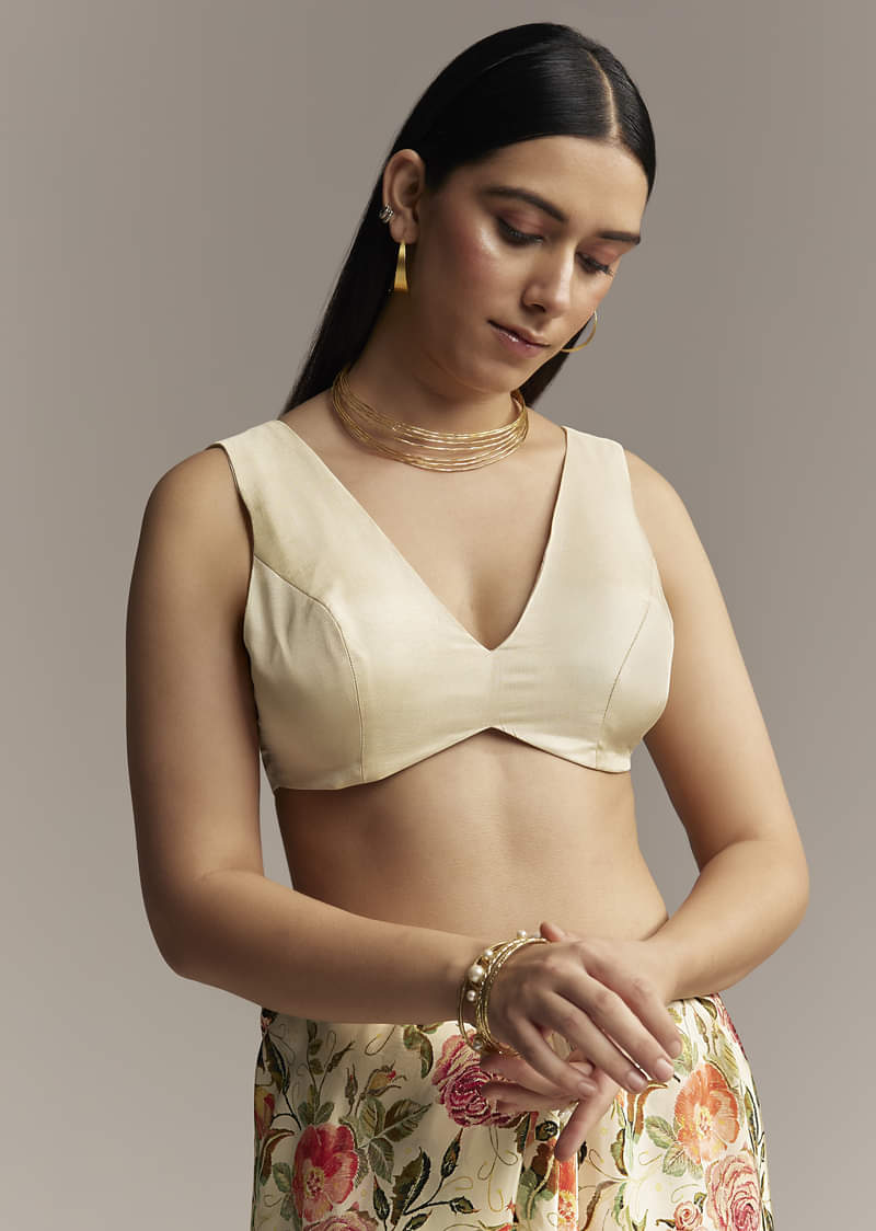 Beige Crepe Saree With Multicolor Floral Print And Moti Embroidery - Image 7