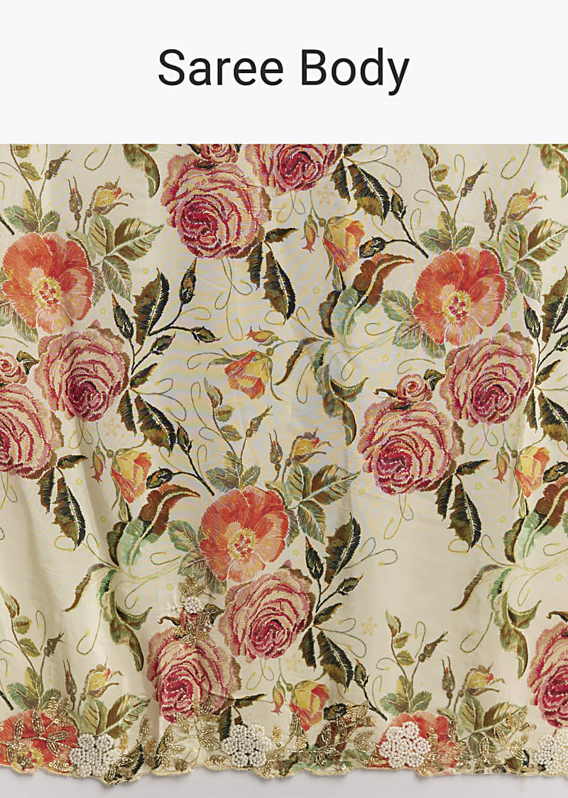 Beige Crepe Saree With Multicolor Floral Print And Moti Embroidery - Image 9