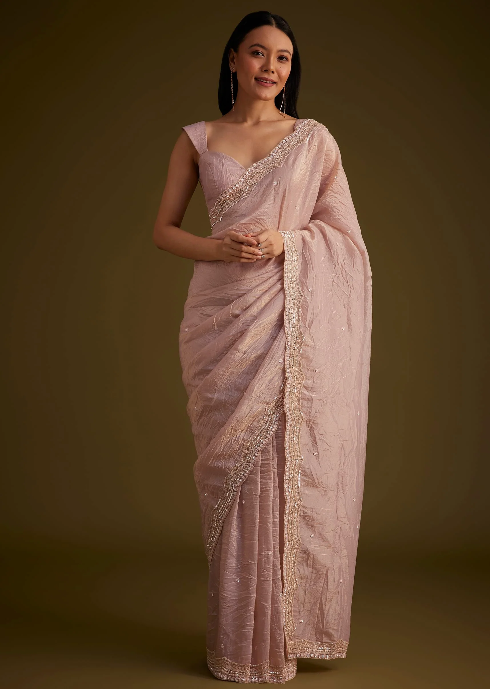 Beige Crushed Tissue Saree With Embroidered Border - Image 3