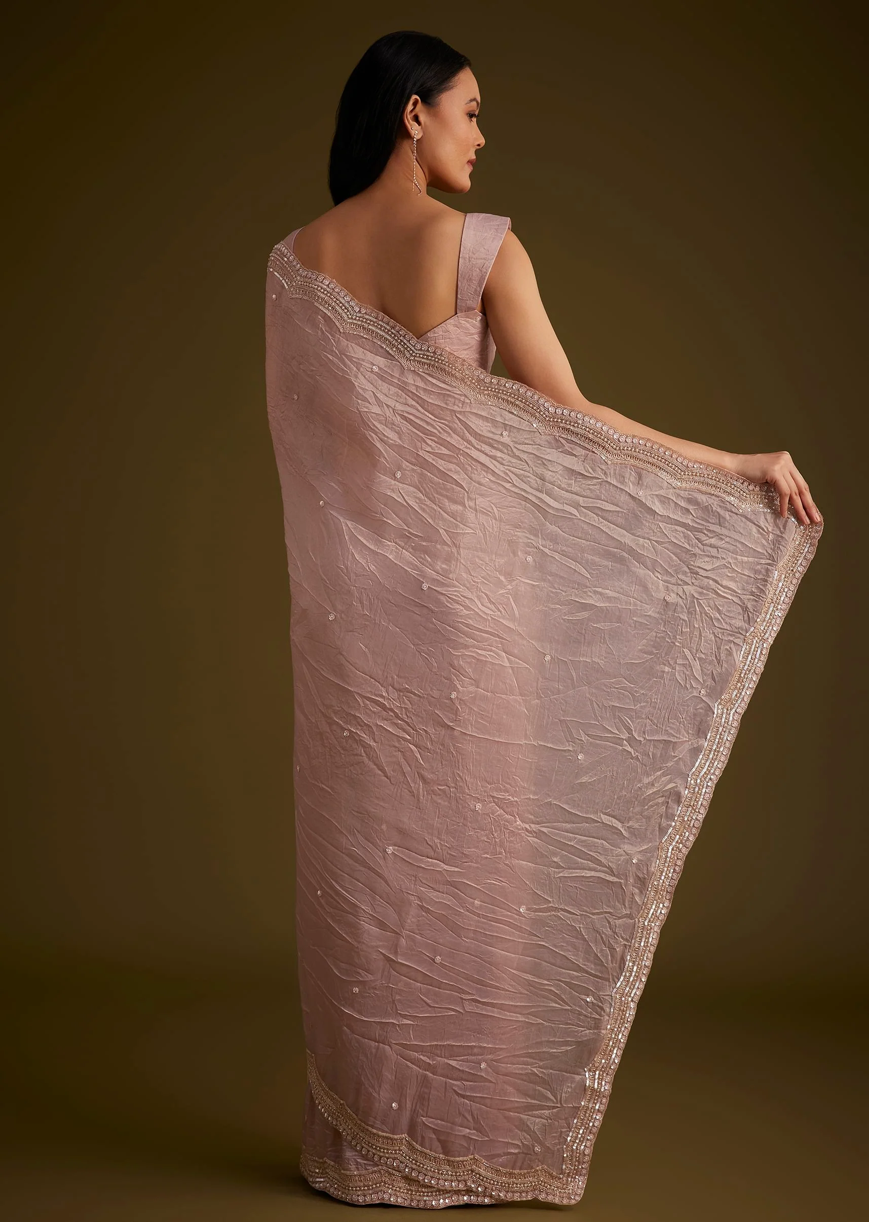 Beige Crushed Tissue Saree With Embroidered Border - Image 4