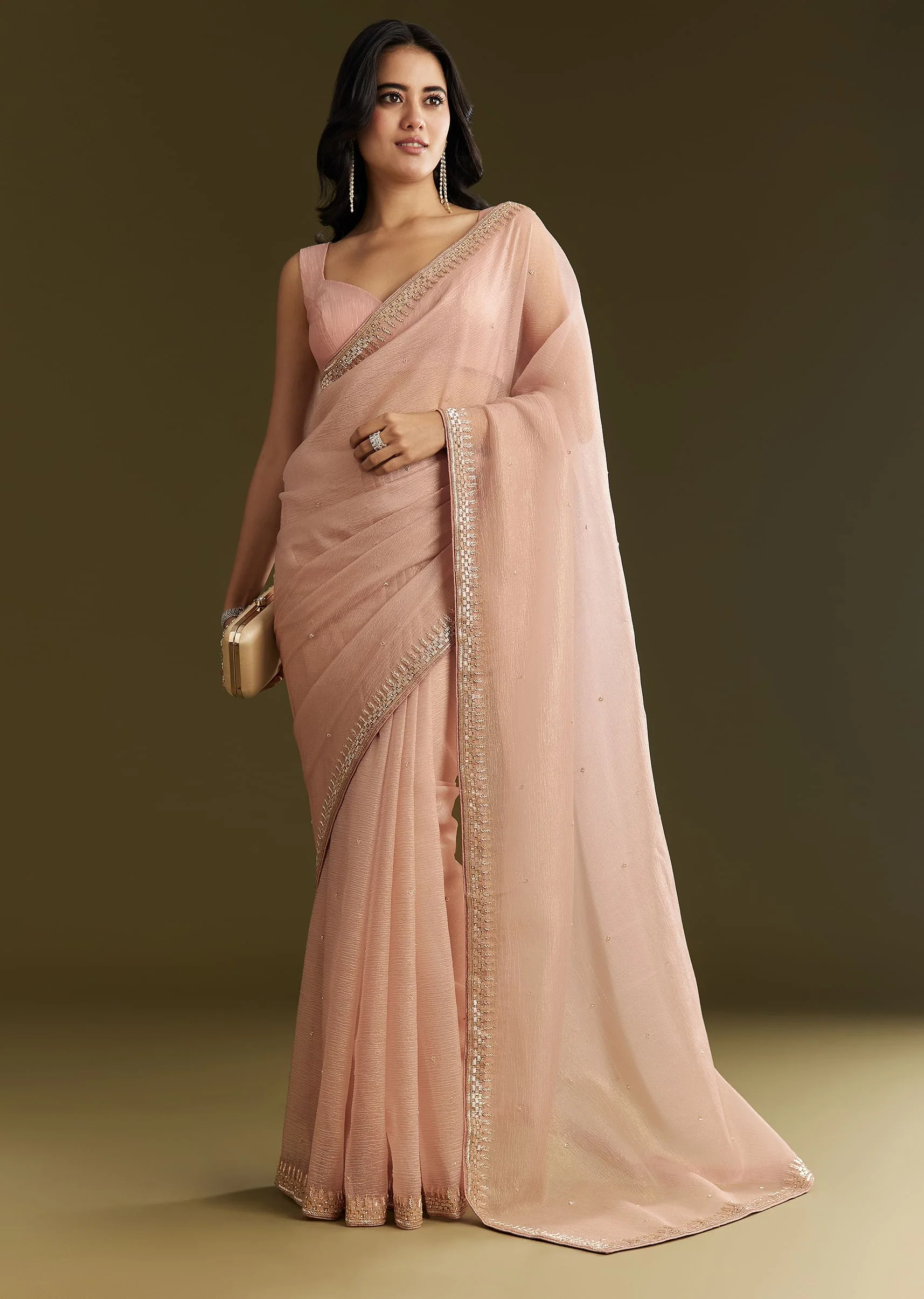 Beige Crushed Tissue Saree With Stone Embellishment And Glossy Finish - Image 3