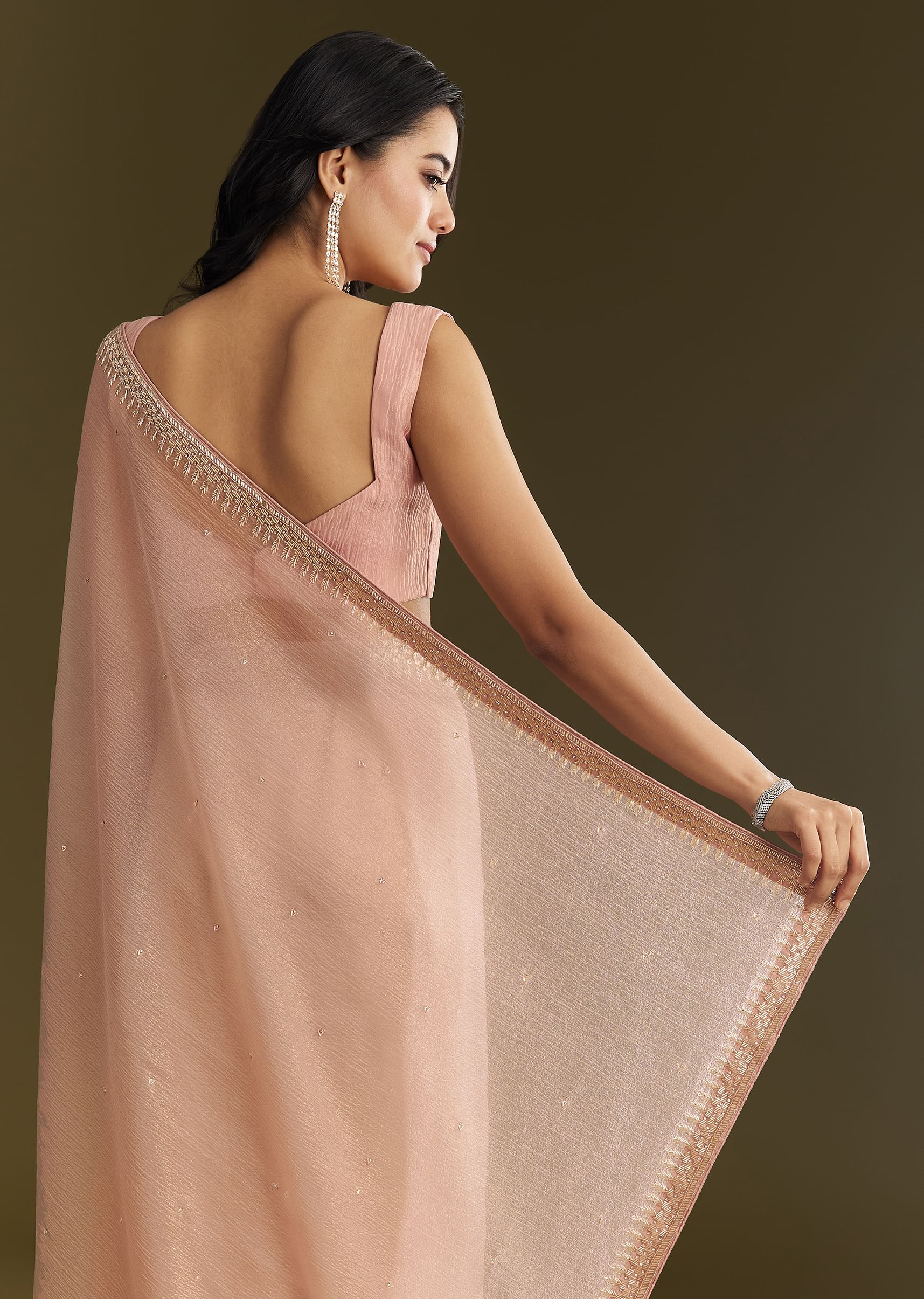 Beige Crushed Tissue Saree With Stone Embellishment And Glossy Finish - Image 4