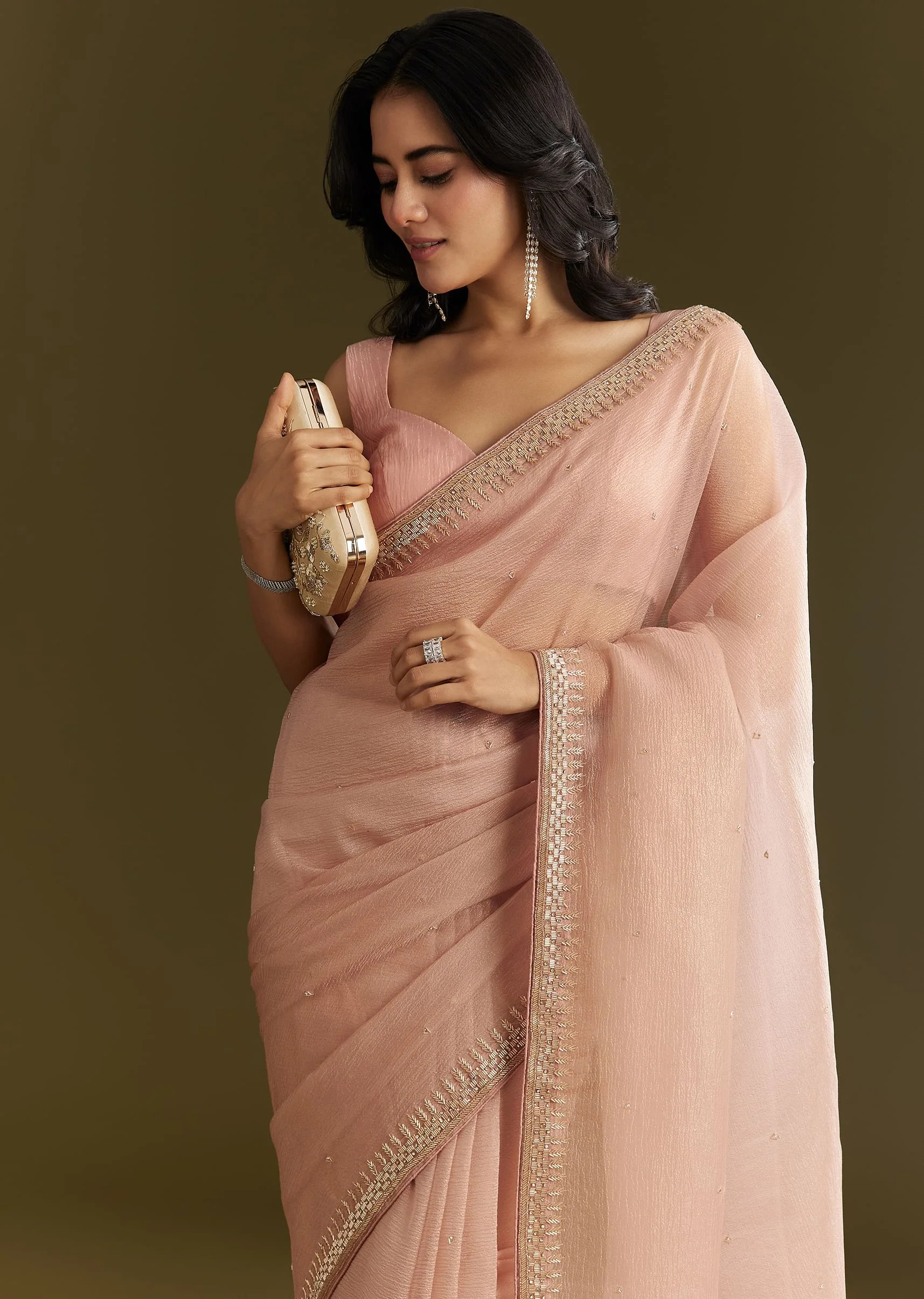Beige Crushed Tissue Saree With Stone Embellishment And Glossy Finish - Image 5