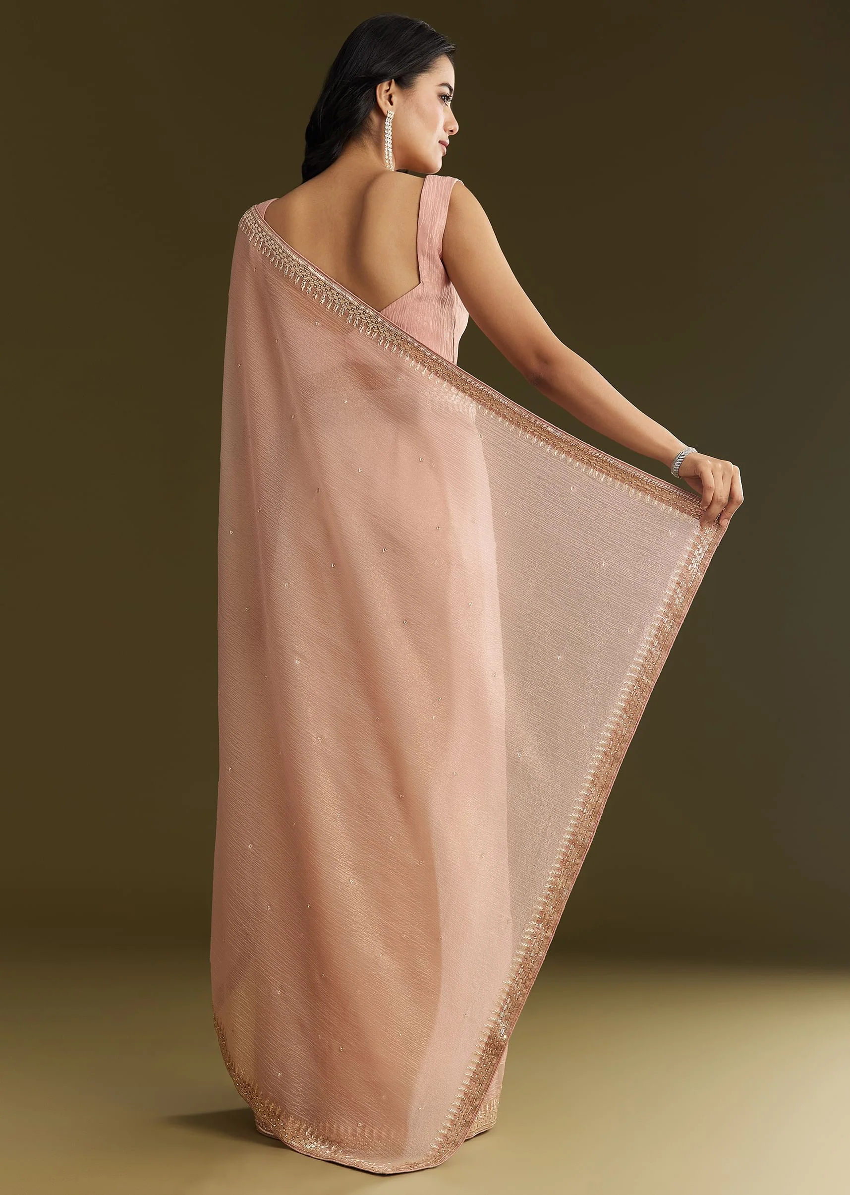 Beige Crushed Tissue Saree With Stone Embellishment And Glossy Finish - Image 6