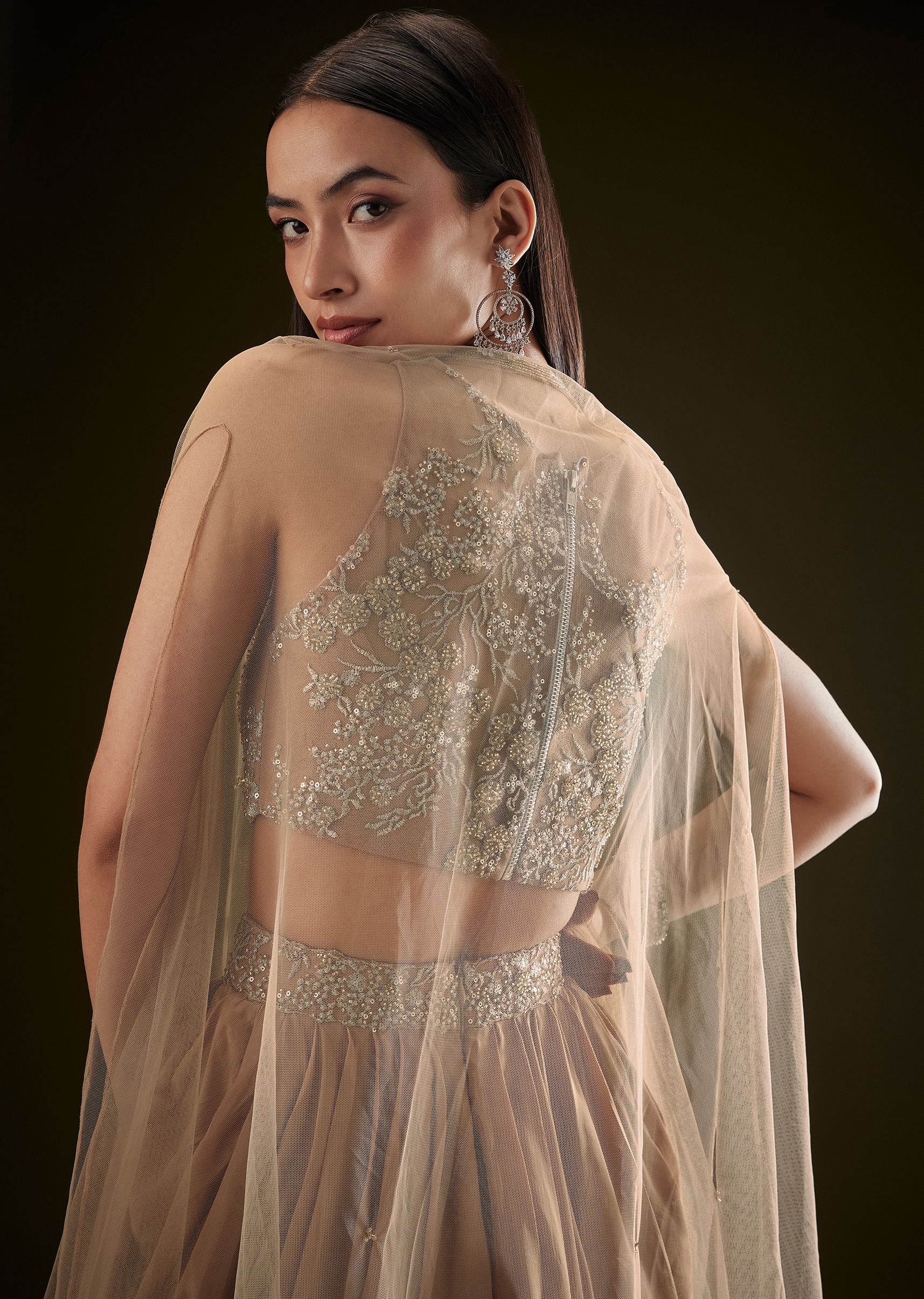 Beige Drape Dhoti Skirt With Embroidered Bustier And Long Cape - Image 4