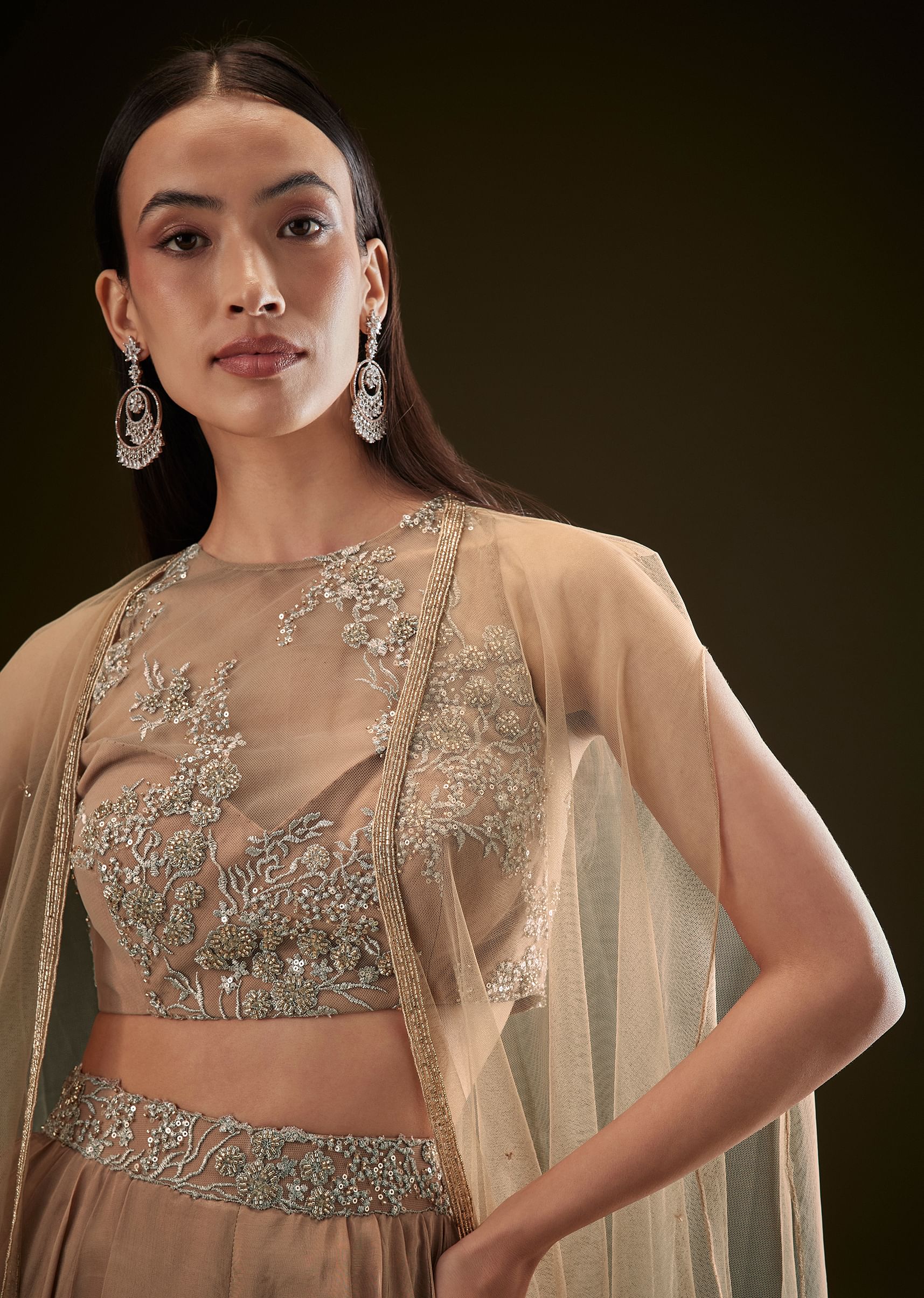 Beige Drape Dhoti Skirt With Embroidered Bustier And Long Cape - Image 5