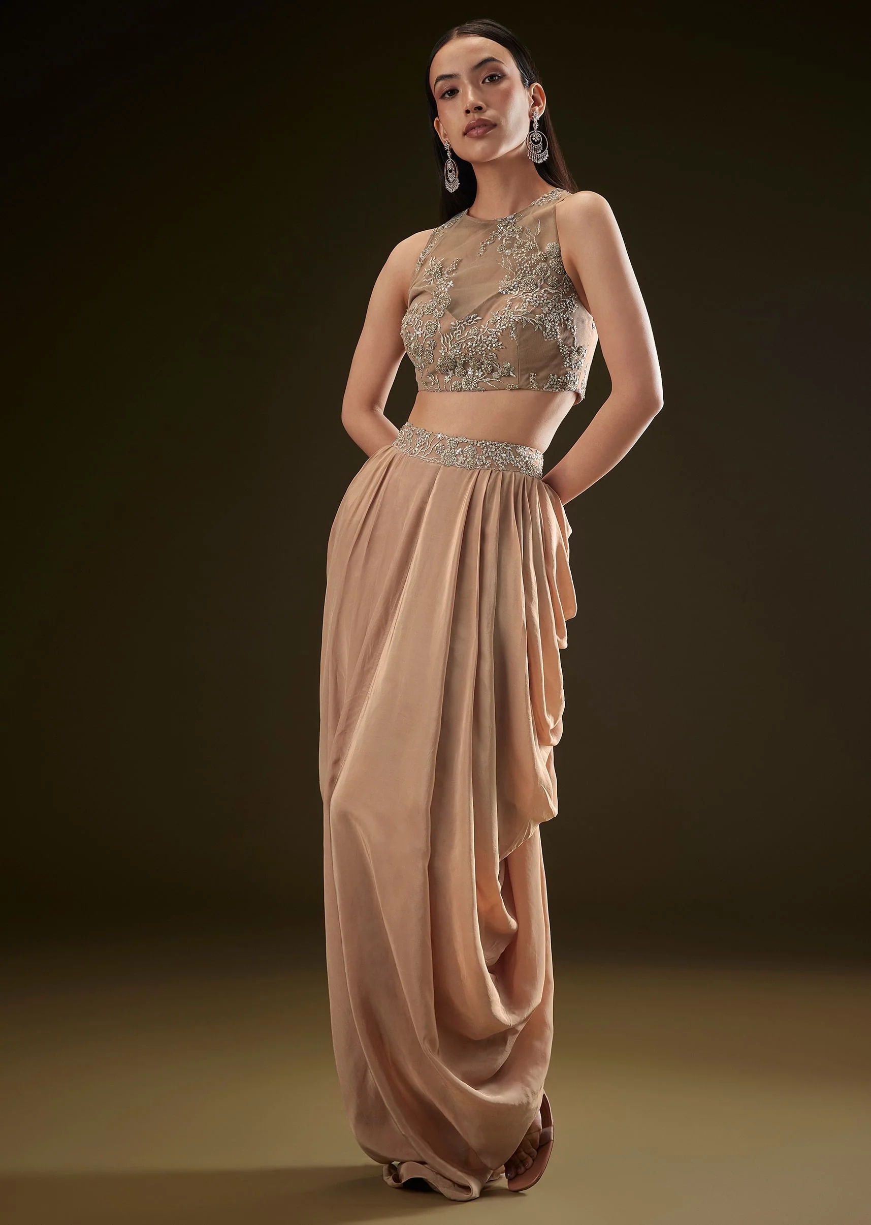 Beige Drape Dhoti Skirt With Embroidered Bustier And Long Cape - Image 6