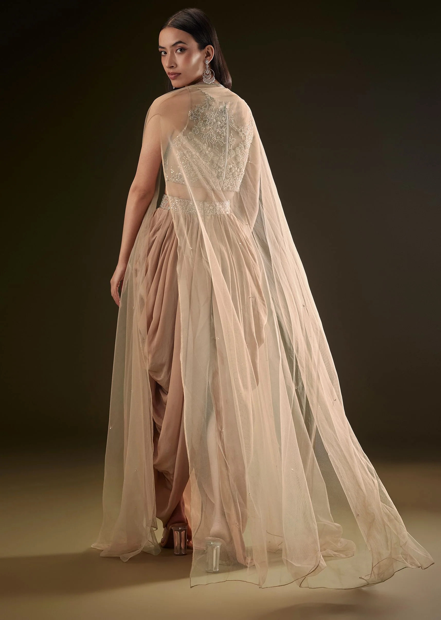 Beige Drape Dhoti Skirt With Embroidered Bustier And Long Cape - Image 7