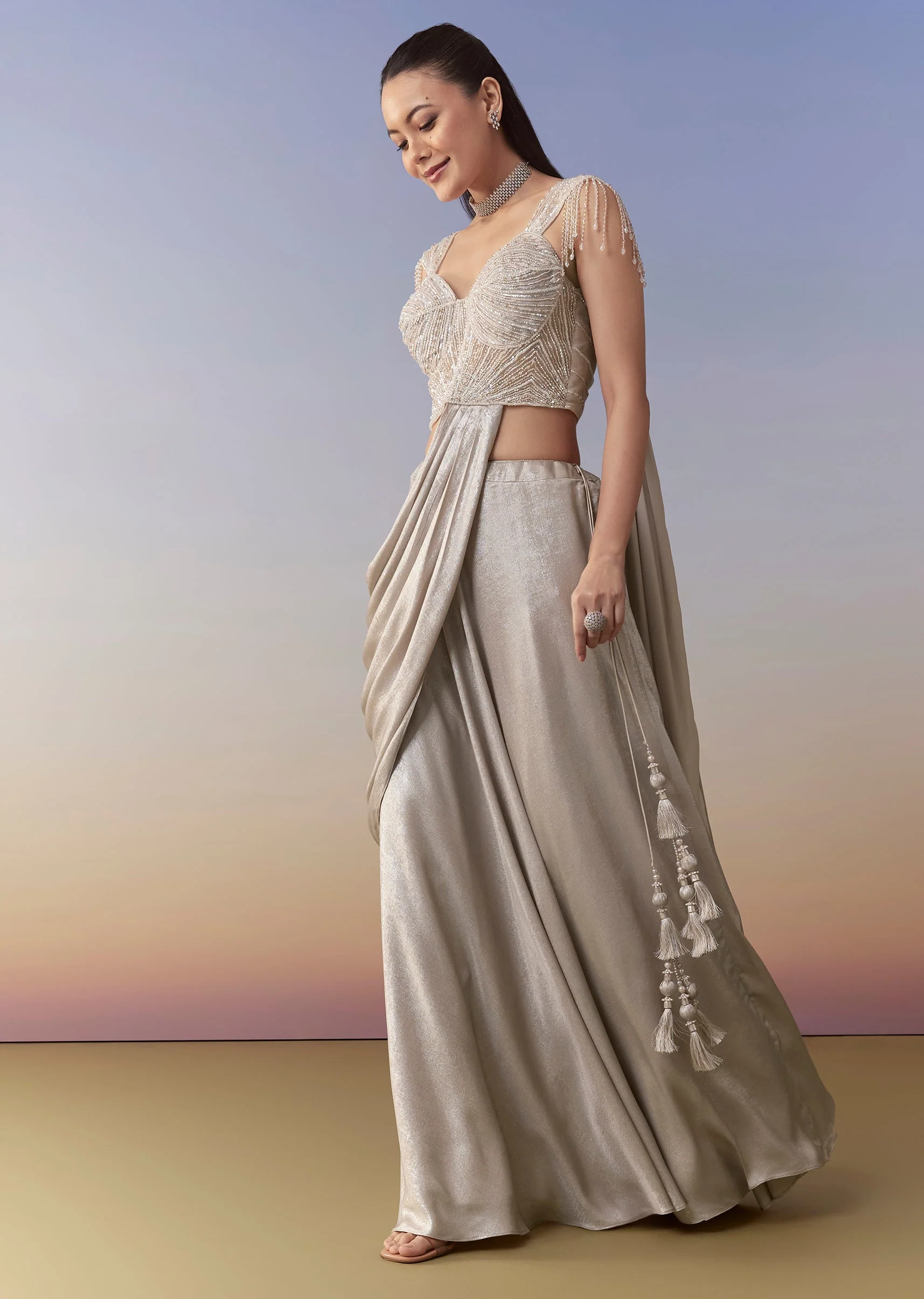 Beige Draped Crop Top Skirt Set with Cutdana Work - Image 3