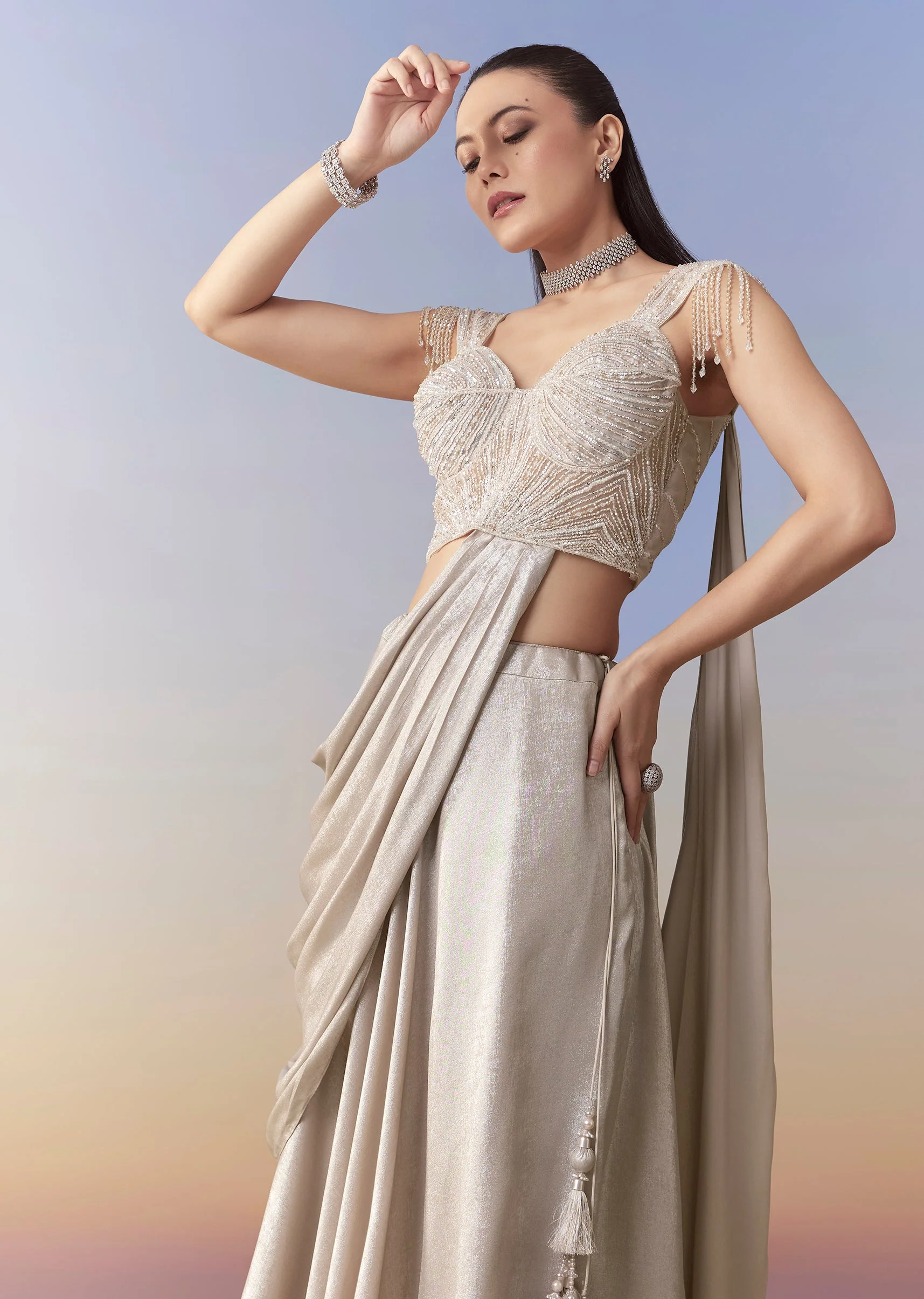 Beige Draped Crop Top Skirt Set with Cutdana Work - Image 4
