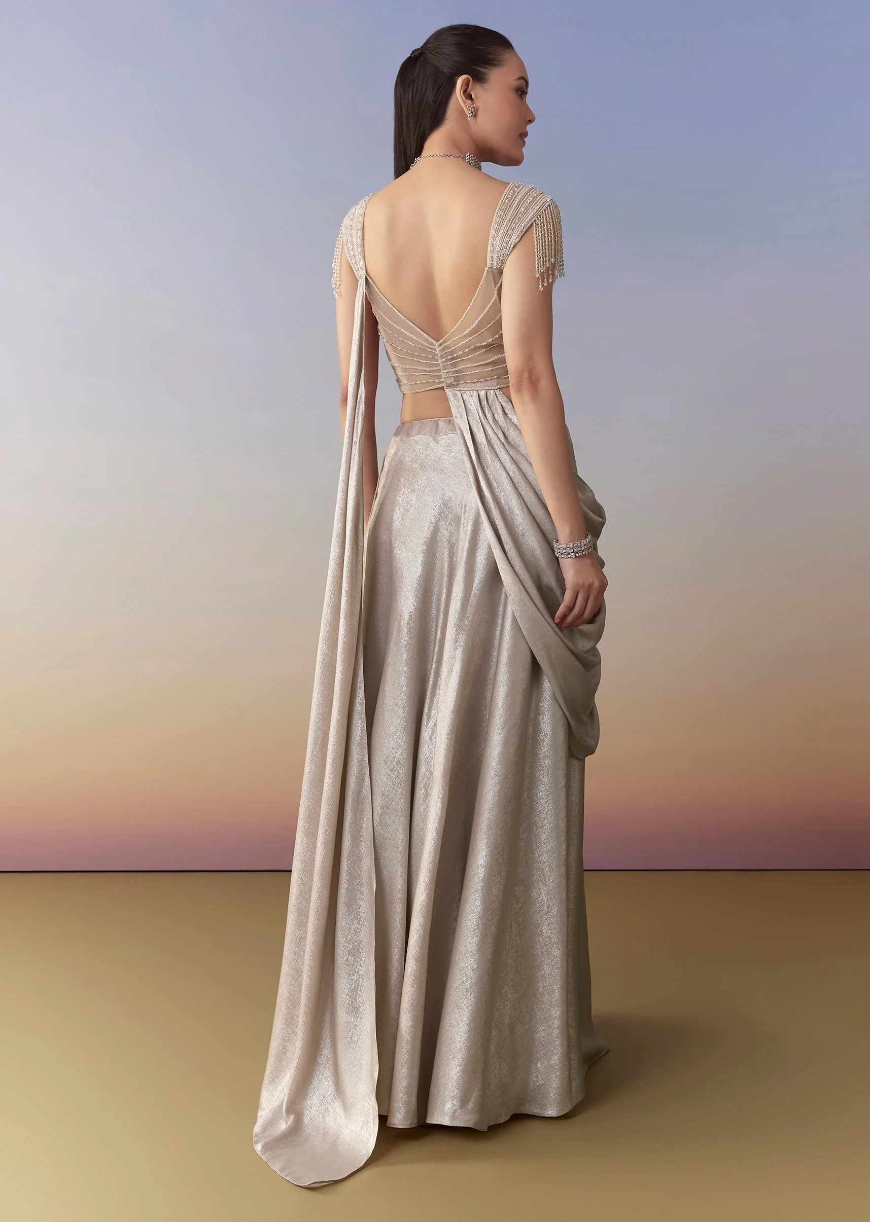 Beige Draped Crop Top Skirt Set with Cutdana Work - Image 5