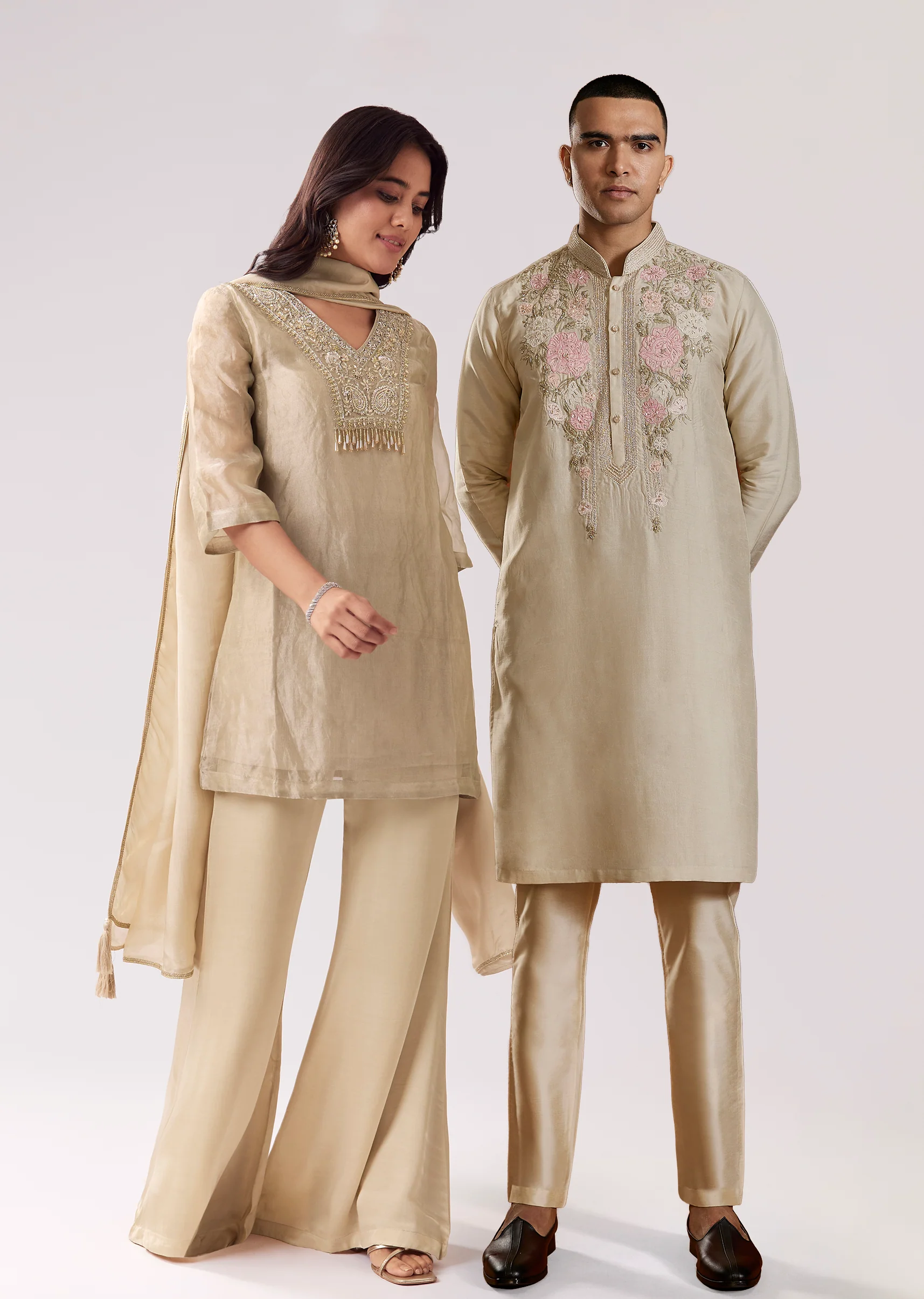 Beige Elegance Pair – Shimmer Suit For Her And Kurta Set For Him