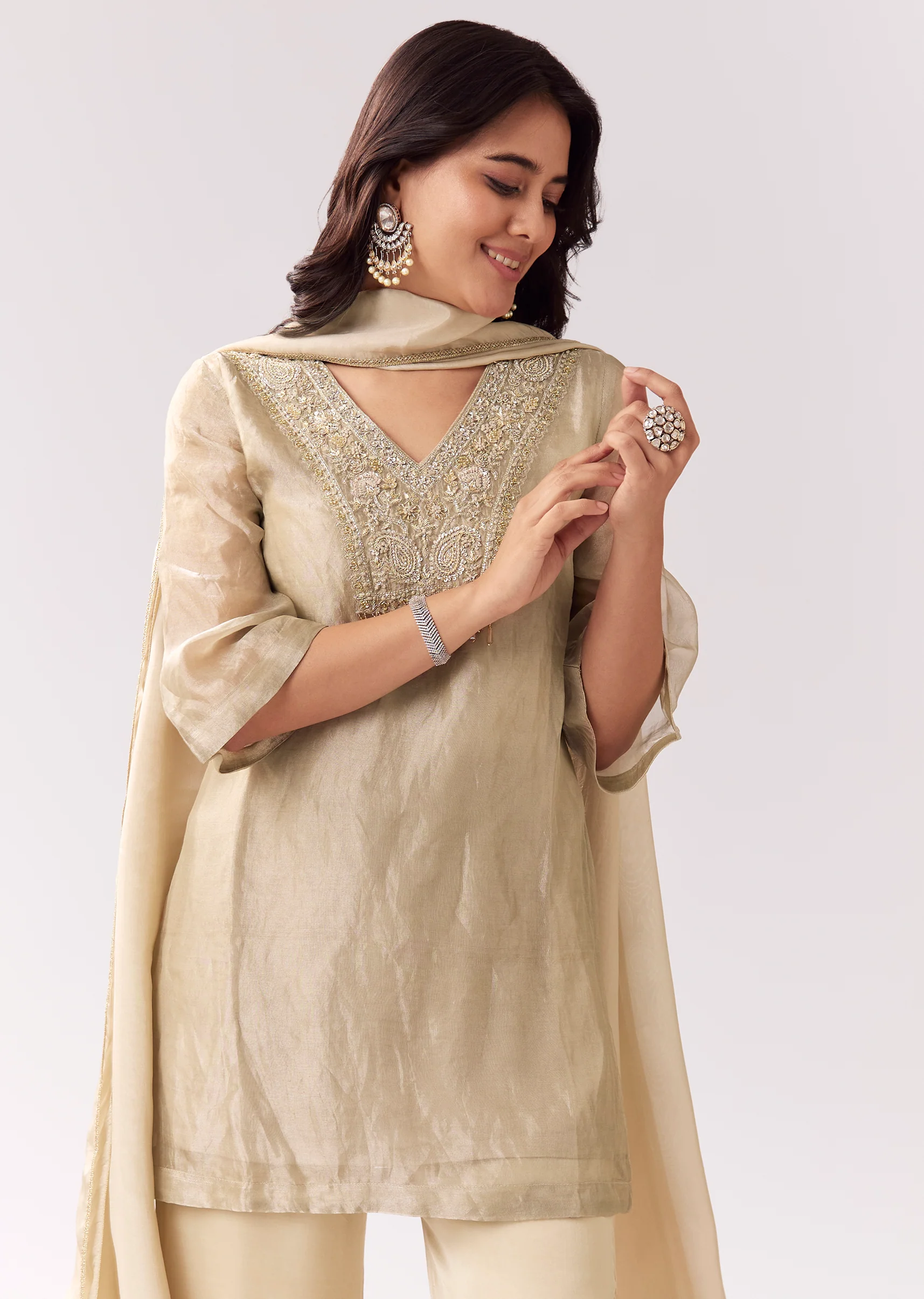 Beige Elegance Pair – Shimmer Suit For Her And Kurta Set For Him - Image 2