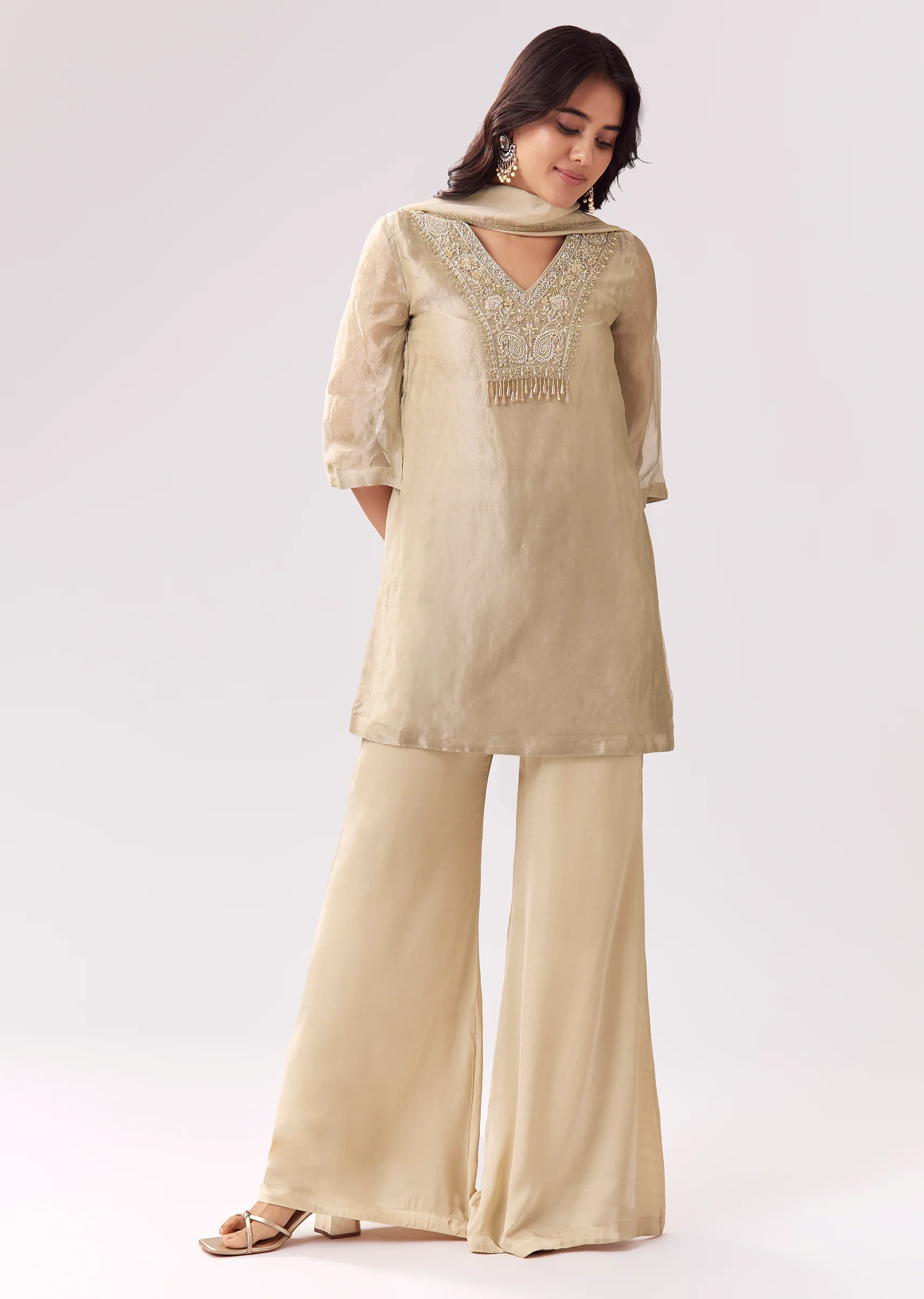Beige Elegance Pair – Shimmer Suit For Her And Kurta Set For Him - Image 3