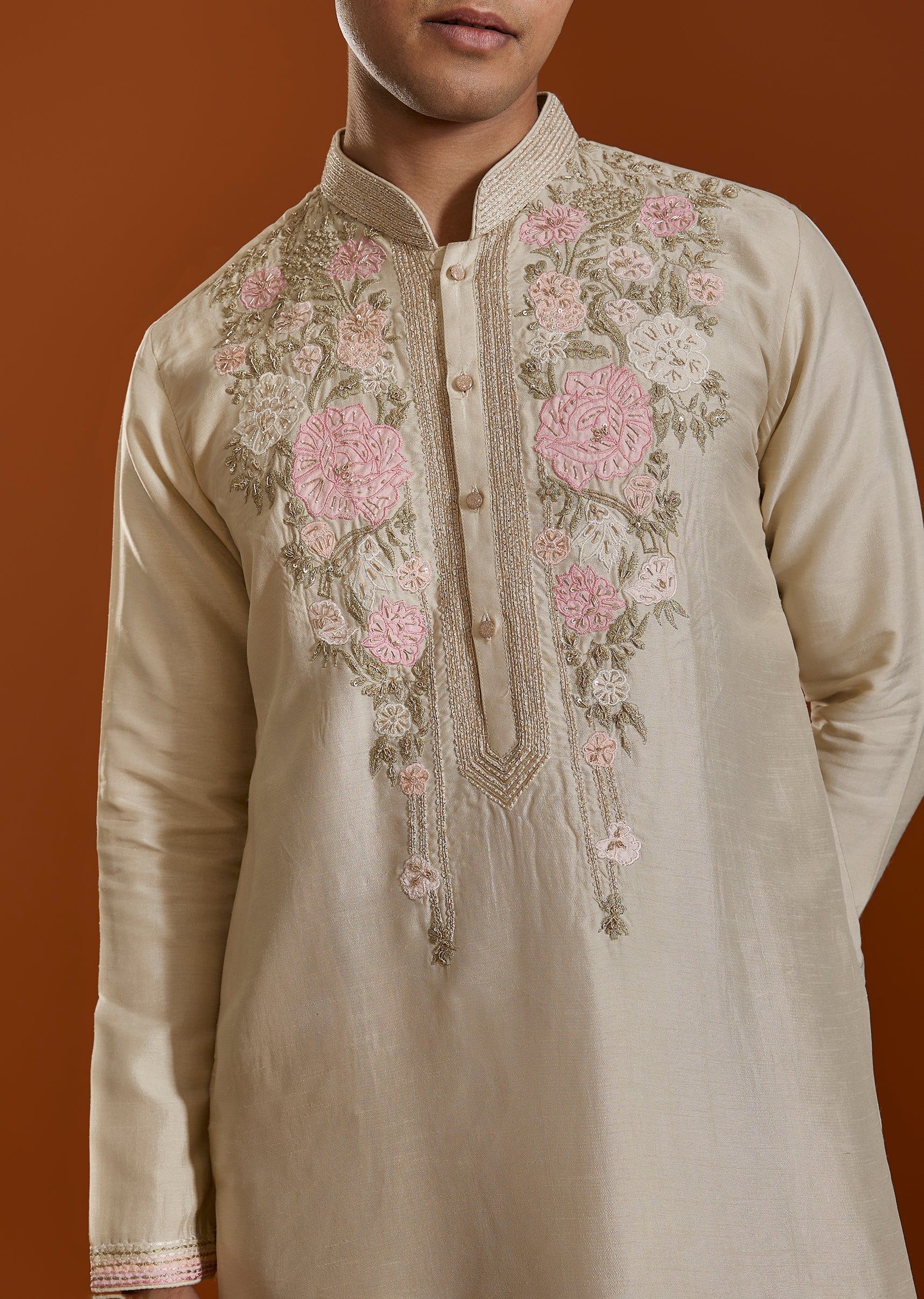 Beige Elegance Pair – Shimmer Suit For Her And Kurta Set For Him - Image 7