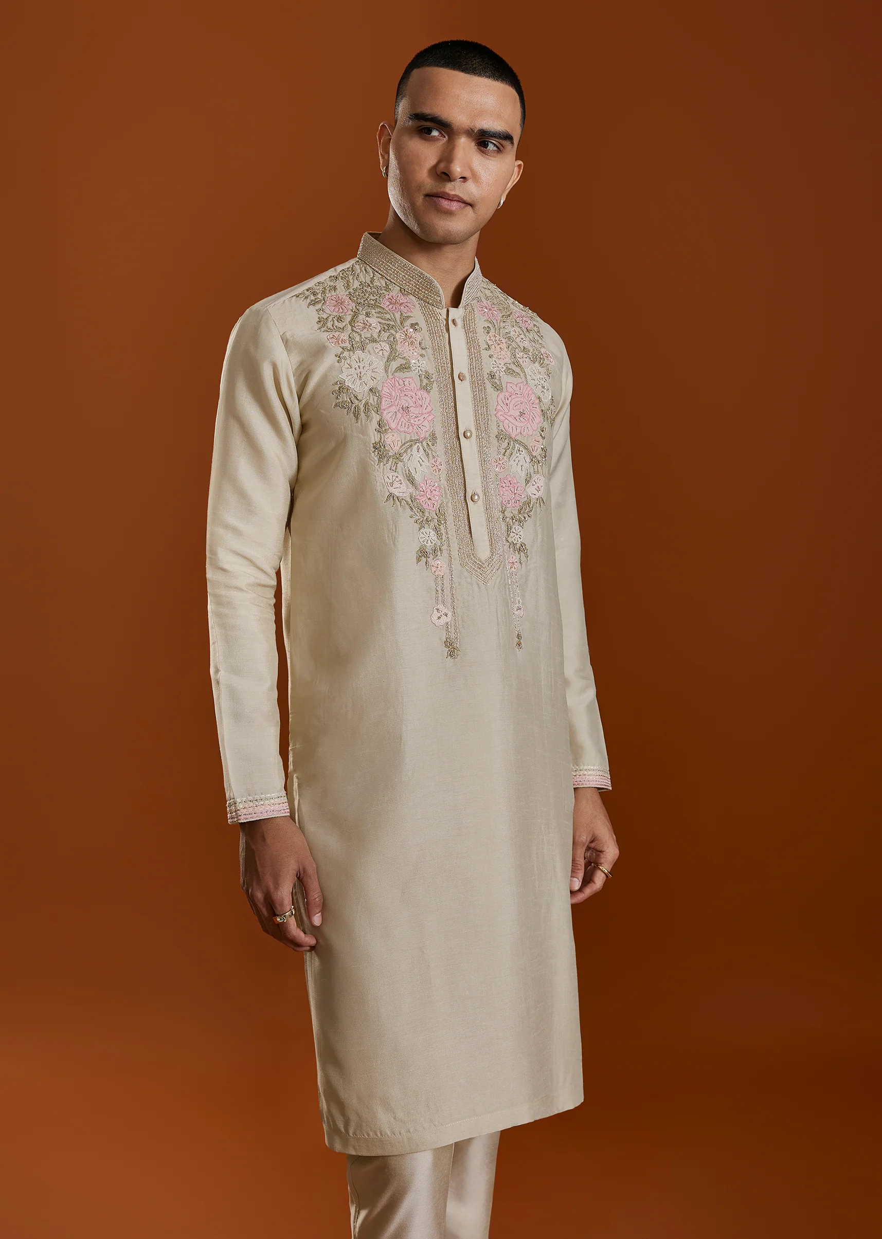 Beige Elegance Pair – Shimmer Suit For Her And Kurta Set For Him - Image 9