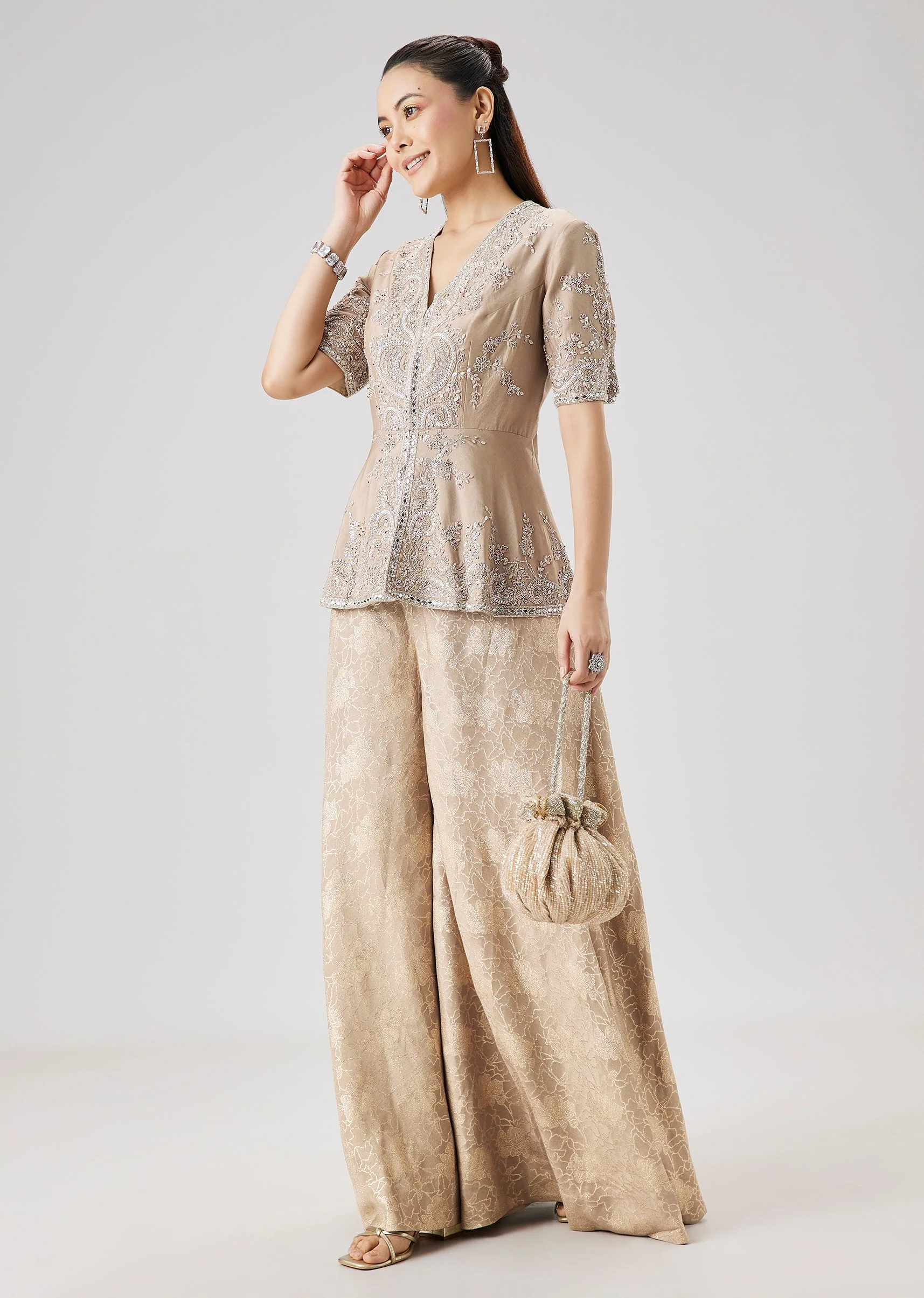 Beige Embellished Peplum Kurta And Jacquard Palazzo Set