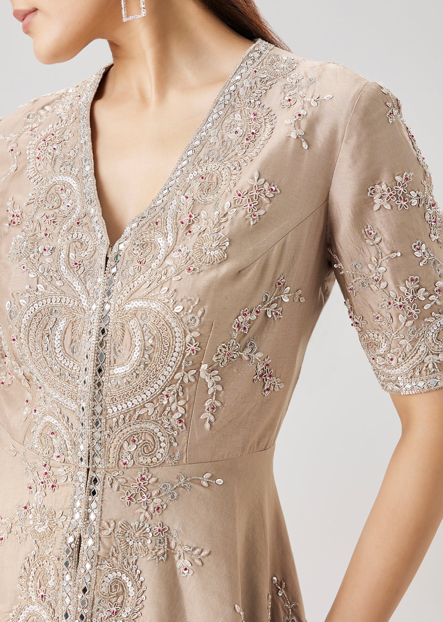 Beige Embellished Peplum Kurta And Jacquard Palazzo Set - Image 2